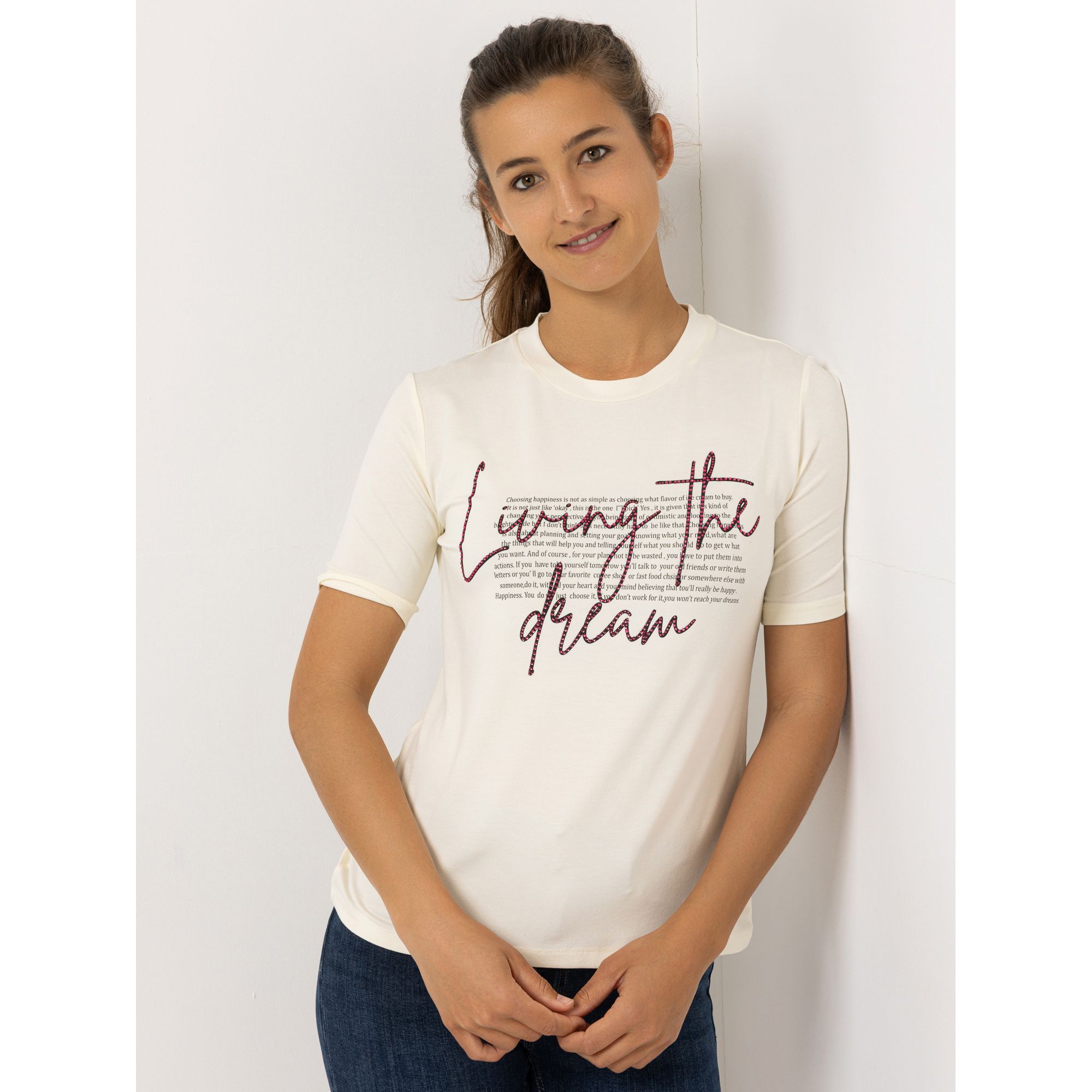 VIA MILANO Shirt, 1/2-Arm Rundhalsausschnitt Strass-Details figurumspielend