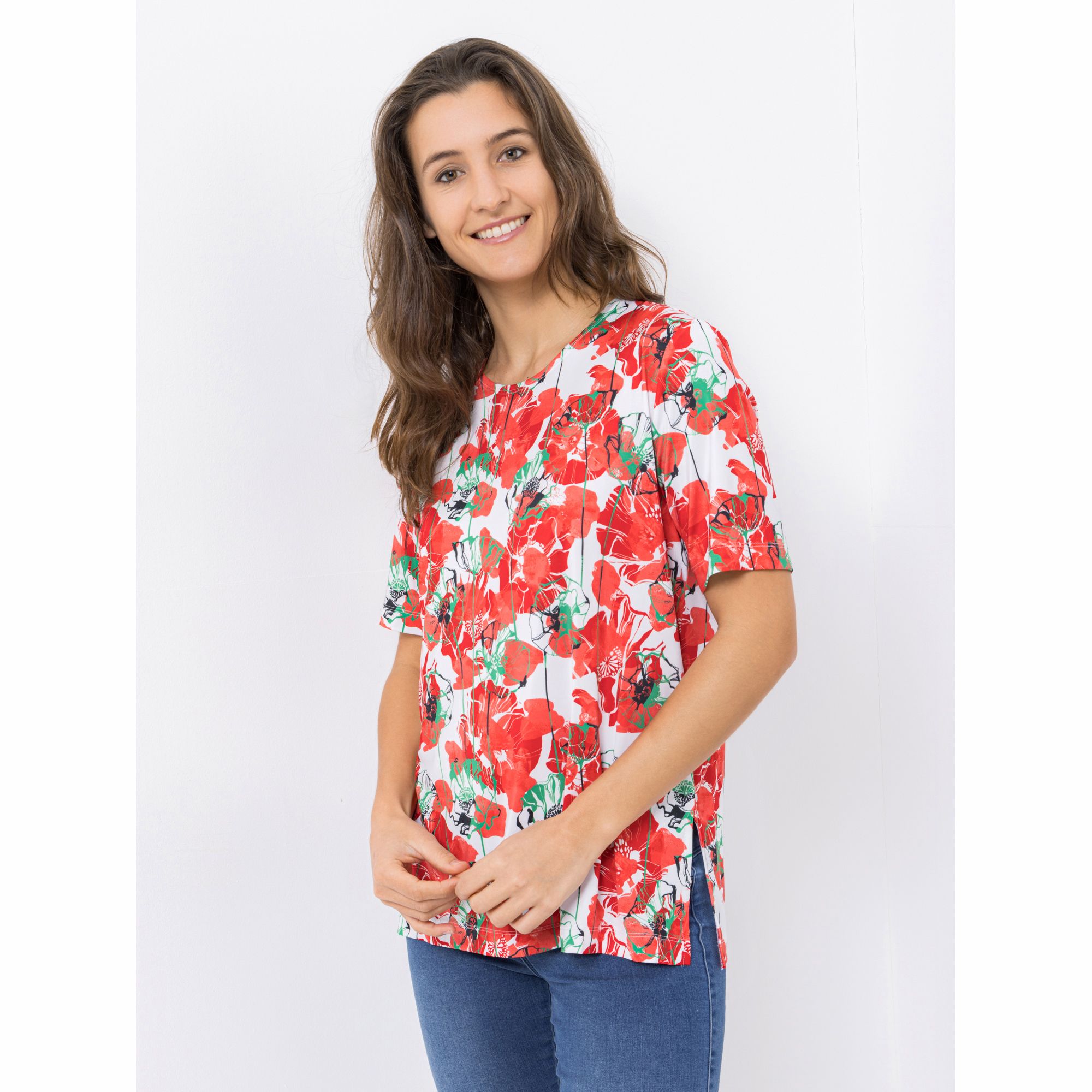 IN-PRINT Shirt, 1/2-Arm Rundhalsausschnitt Seitenschlitze Blumendruck