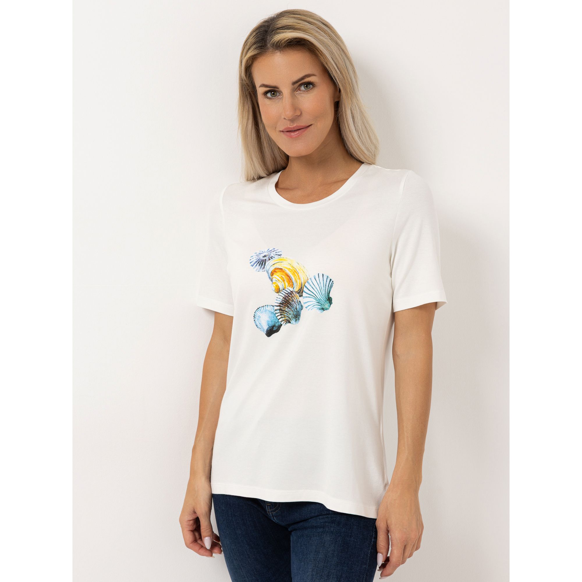 DENIM & CO. Shirt, 1/2-Arm Rundhalsausschnitt Seitennahtschlitze platzierter Druck