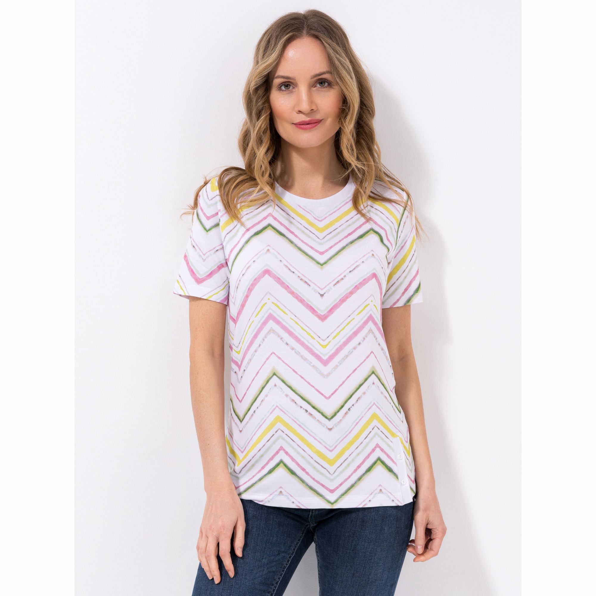 VIA MILANO Shirt, 1/2-Arm Rundhalsausschnitt Knopfleiste am Saum Allover Druck