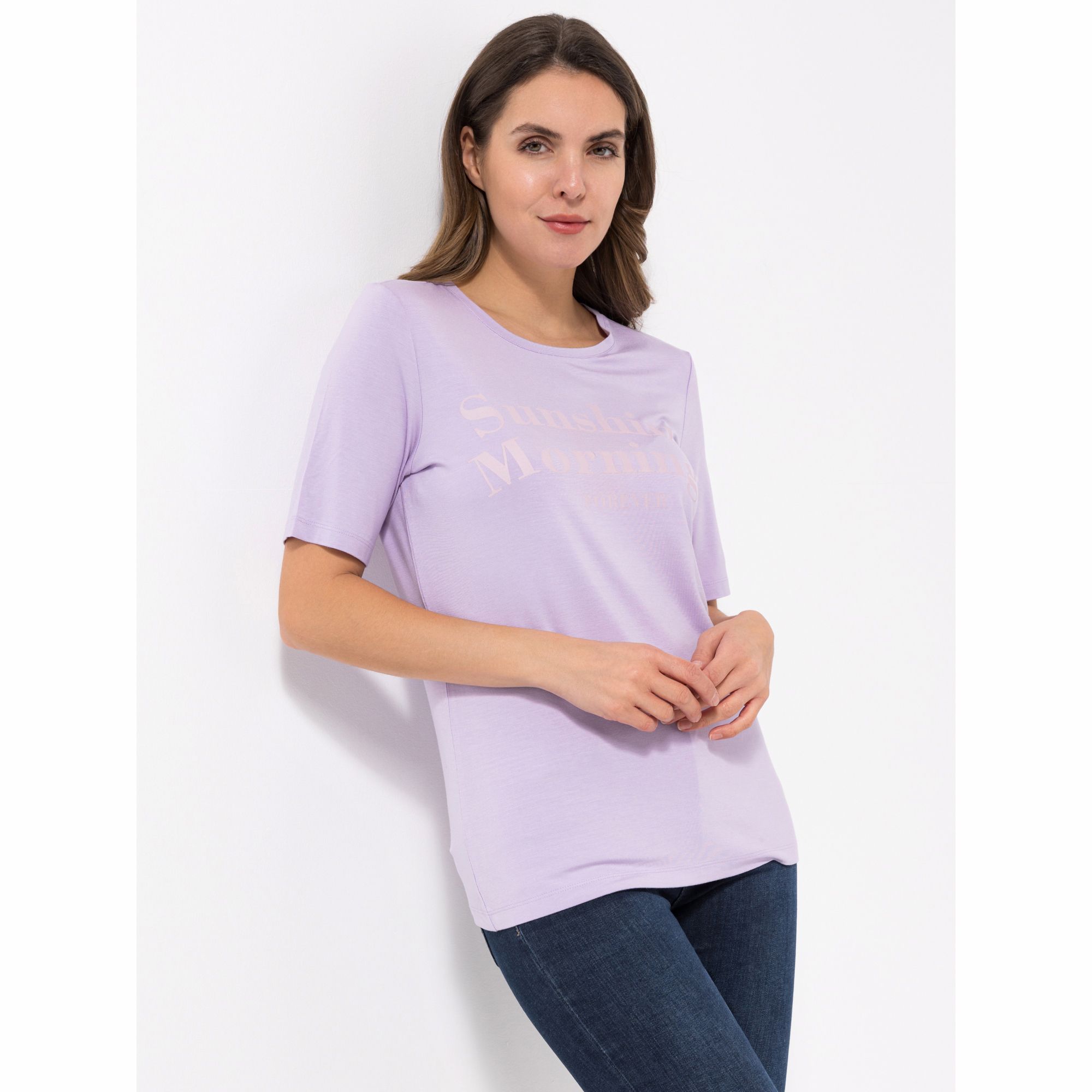 VIA MILANO Shirt, 1/2-Arm Rundhalsausschnitt Schriftzug mit ECOVERO Viskose