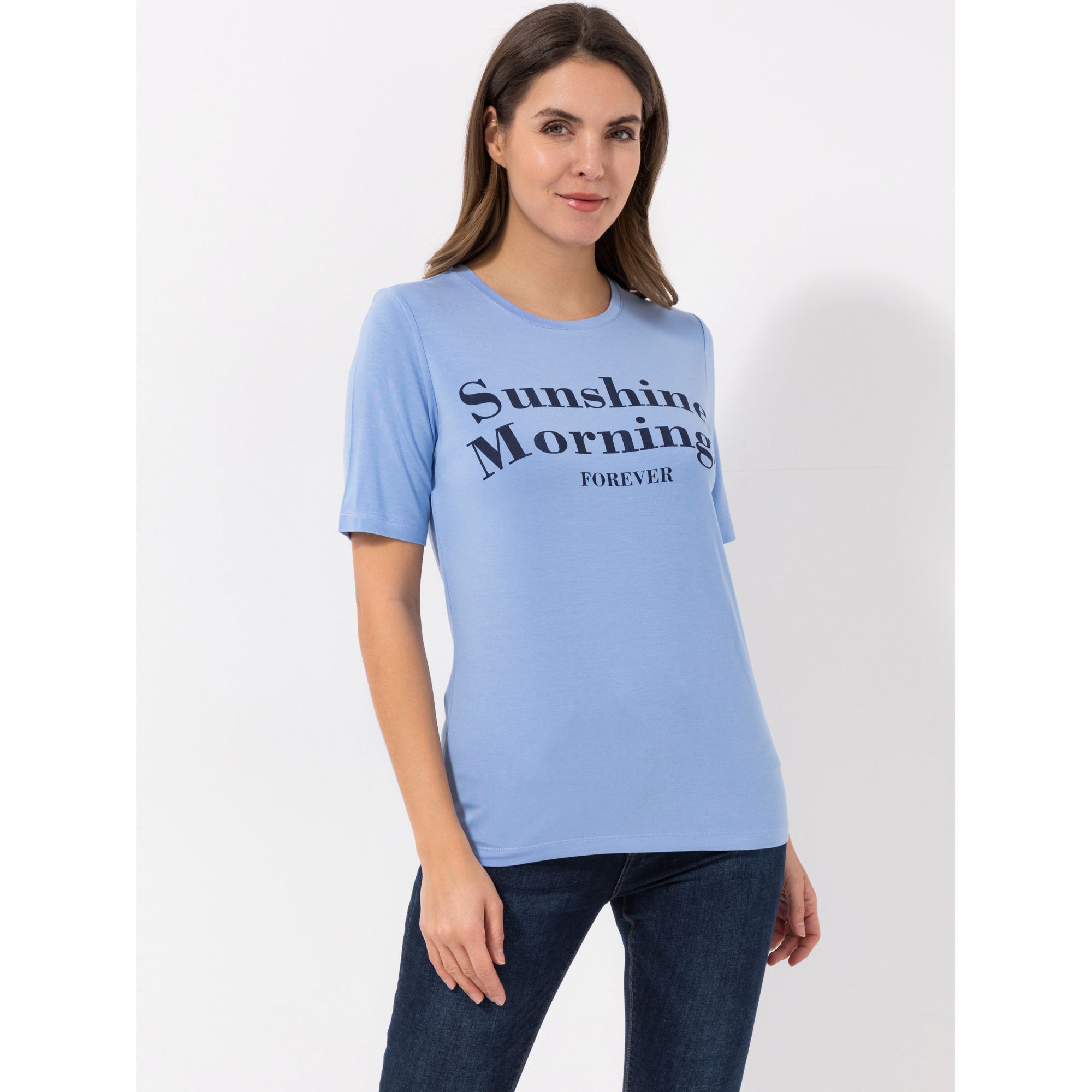 VIA MILANO Shirt, 1/2-Arm Rundhalsausschnitt Schriftzug mit ECOVERO Viskose