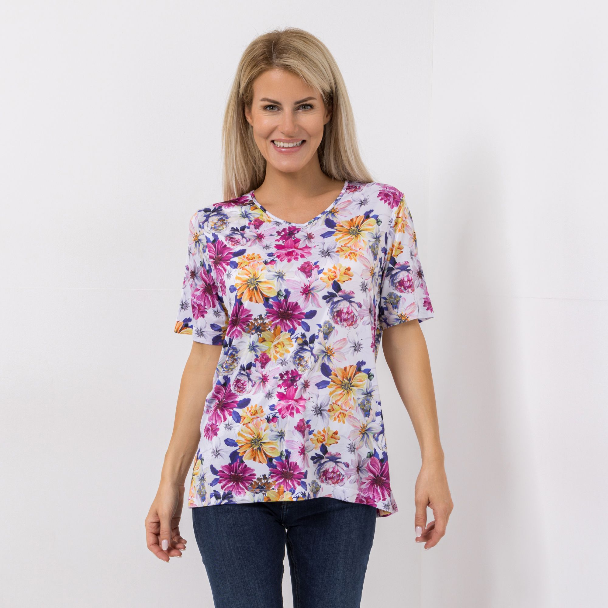 IN-PRINT Shirt 1/2-Arm Allover-Druck V-Ausschnitt Seitenschlitze