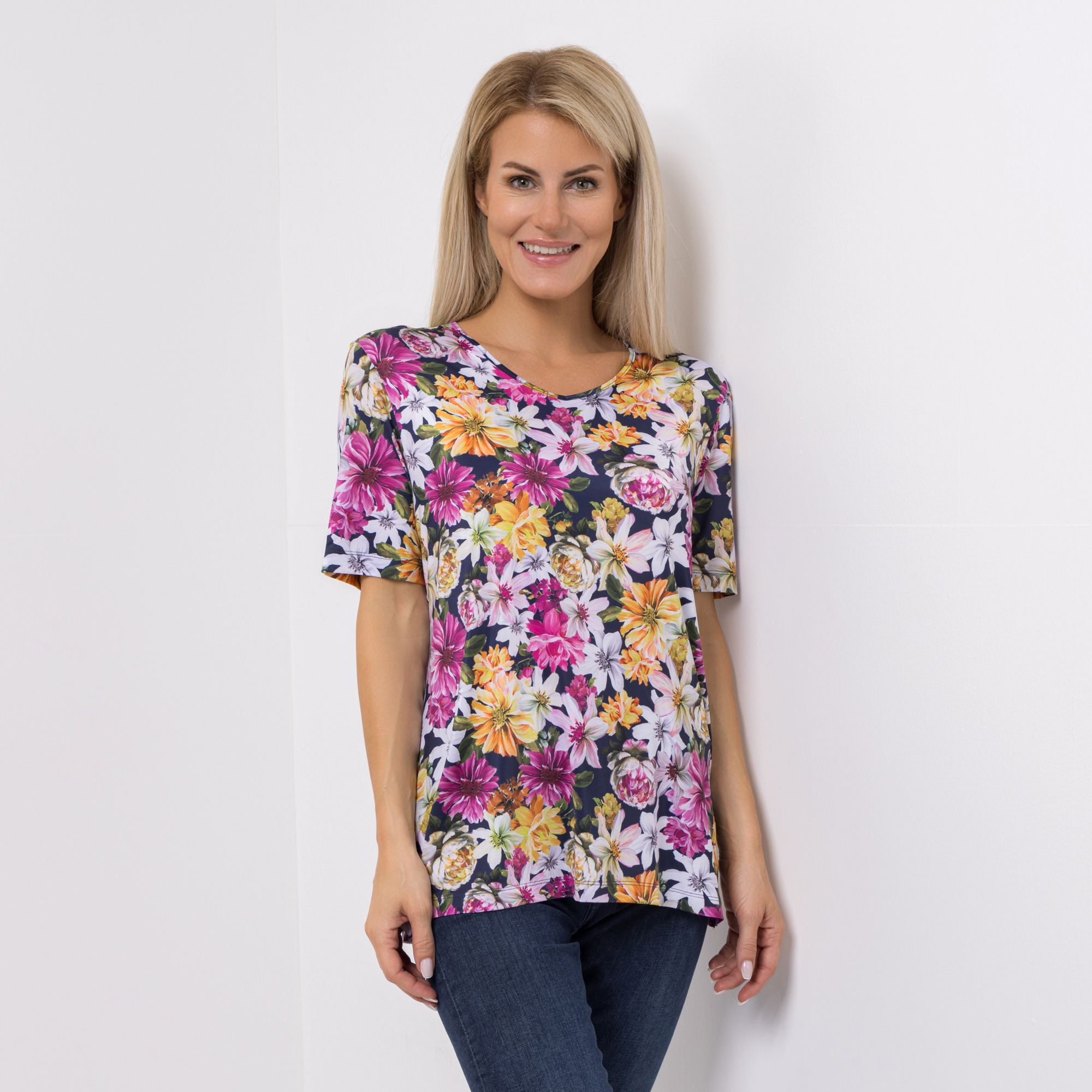 IN-PRINT Shirt 1/2-Arm Allover-Druck V-Ausschnitt Seitenschlitze