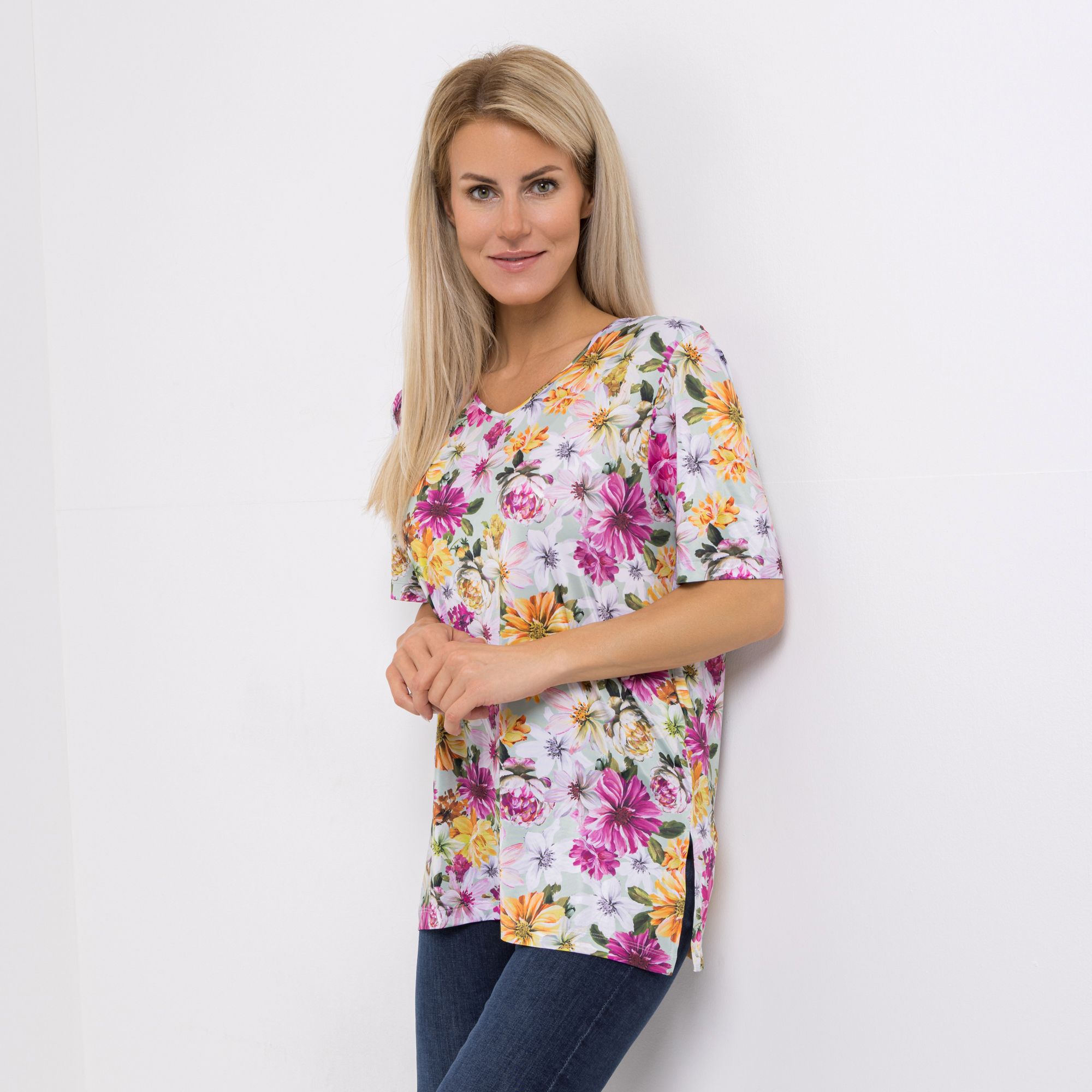 IN-PRINT Shirt 1/2-Arm Allover-Druck V-Ausschnitt Seitenschlitze