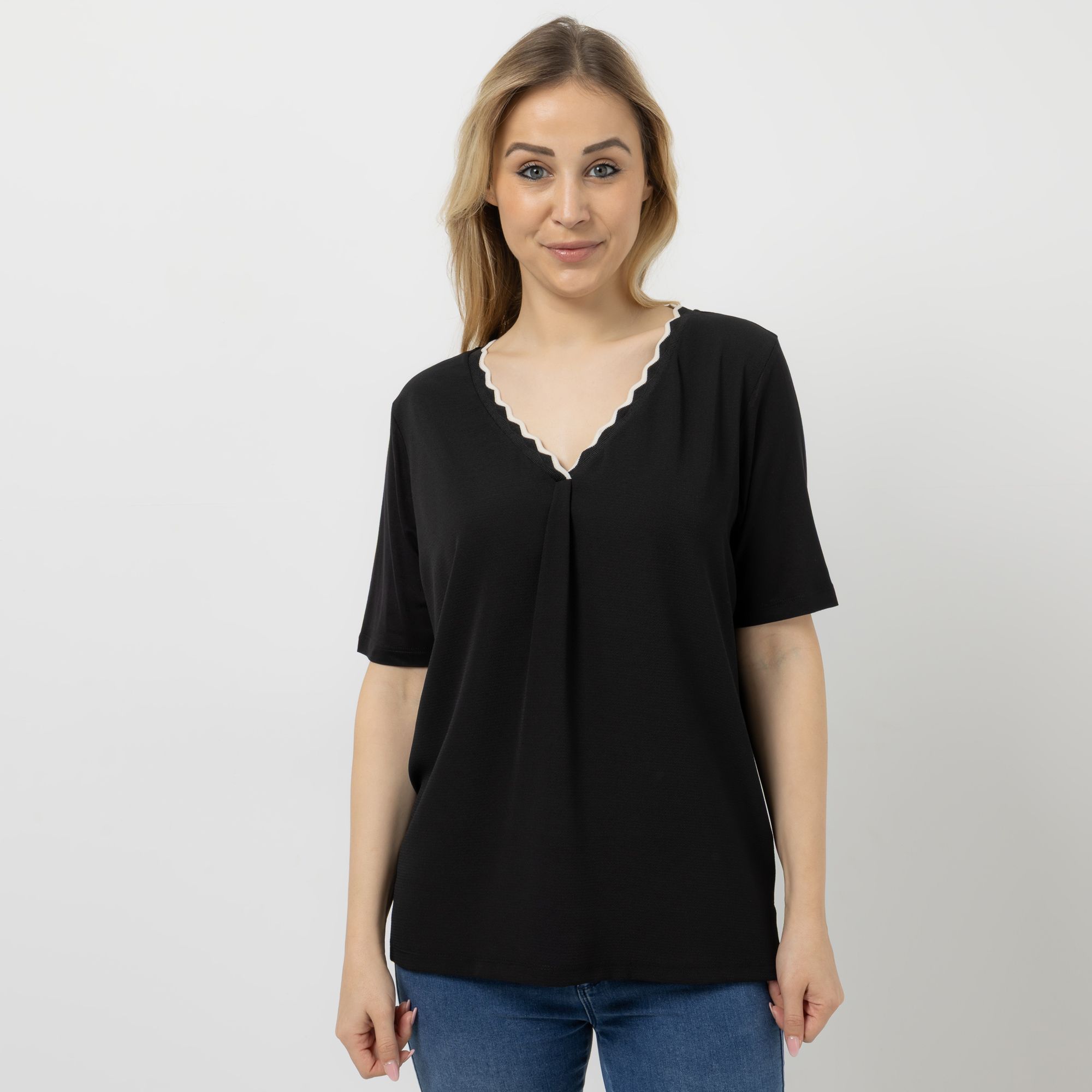 VIA MILANO Shirt, 1/2-Arm V-Ausschnitt mit Kontrast-Details figurumspielend