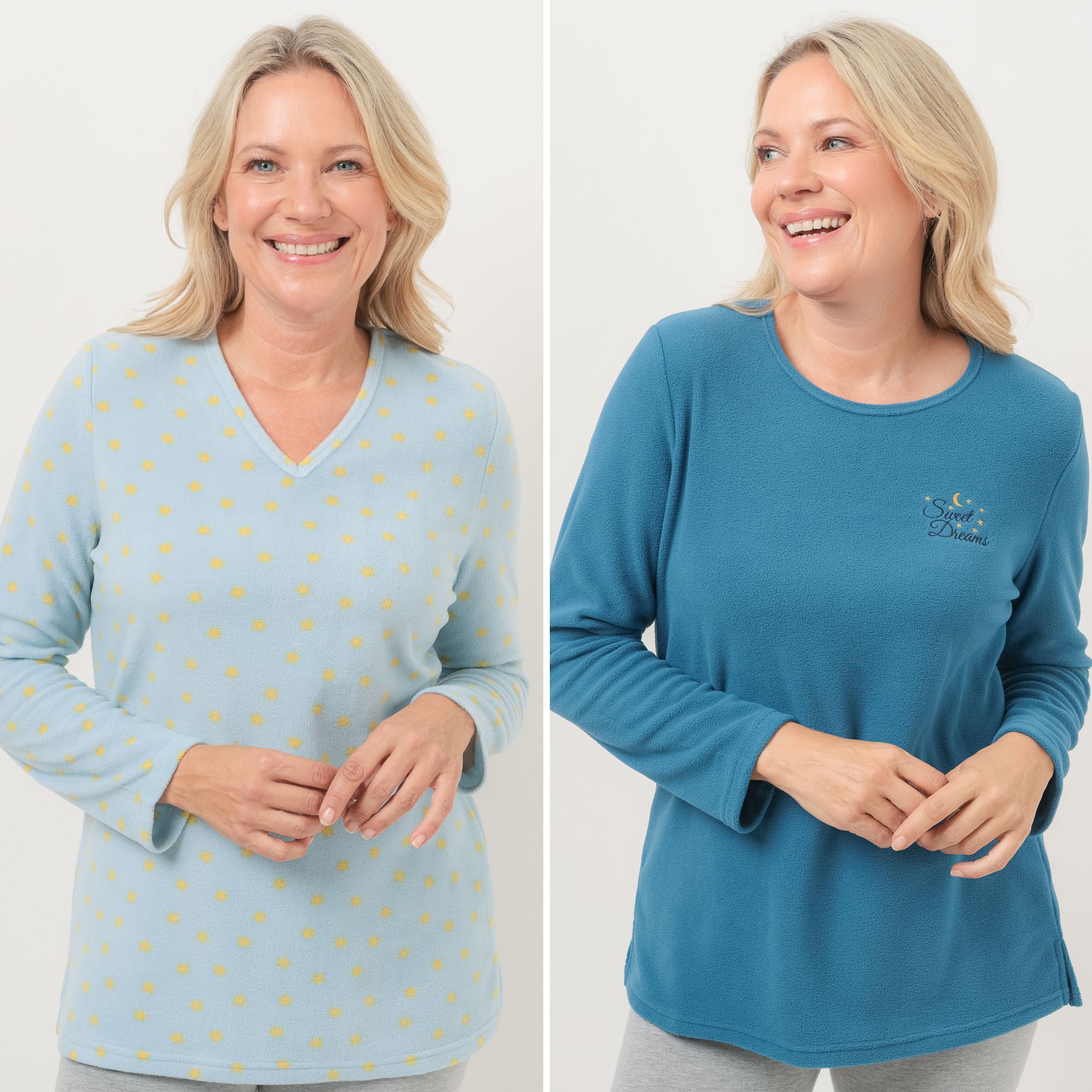 POLARSTERN HOMEWEAR 2 Shirts Mikrofaser Fleece Ausschnittvariationen 1x uni, 1x bedruckt
