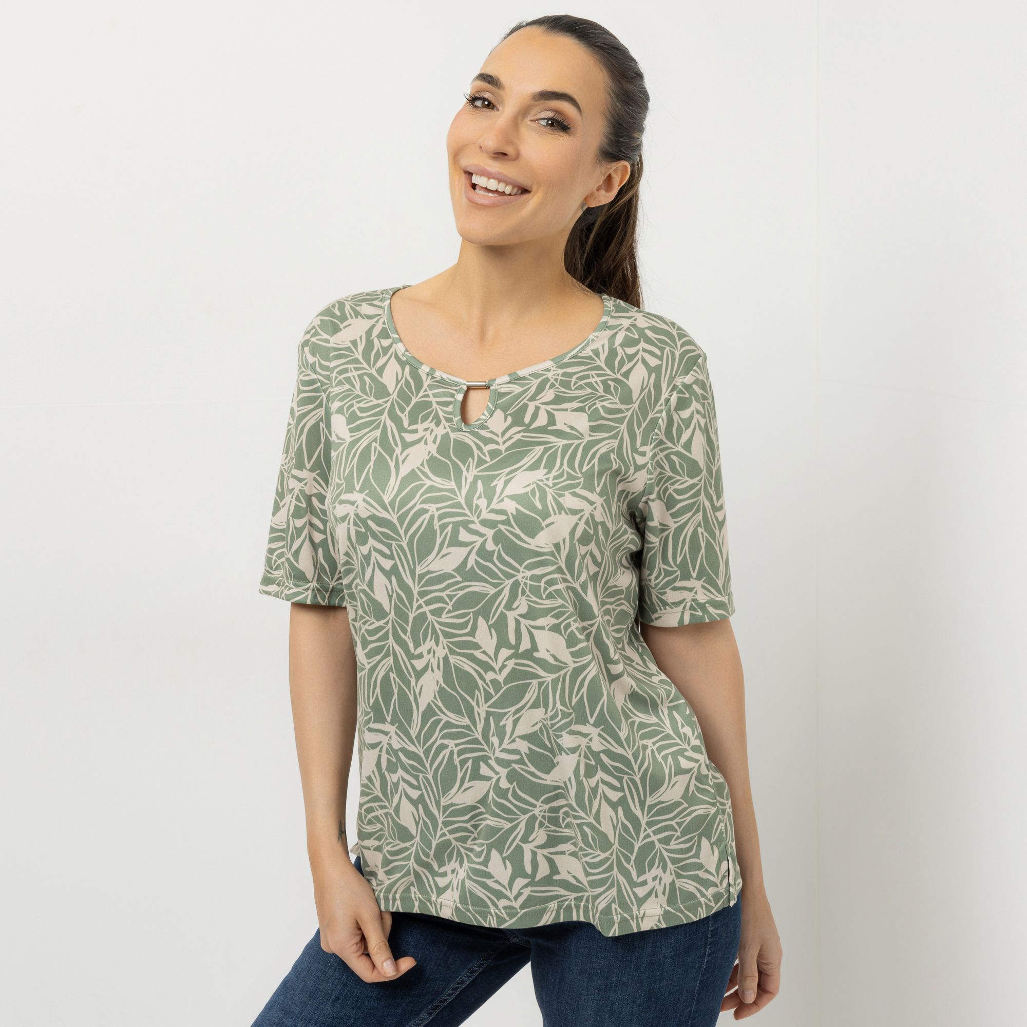 JERYMOOD HOMEWEAR Shirt, 1/2-Arm Rundhalsausschnitt Schlüssellochdetail mit Zierelement