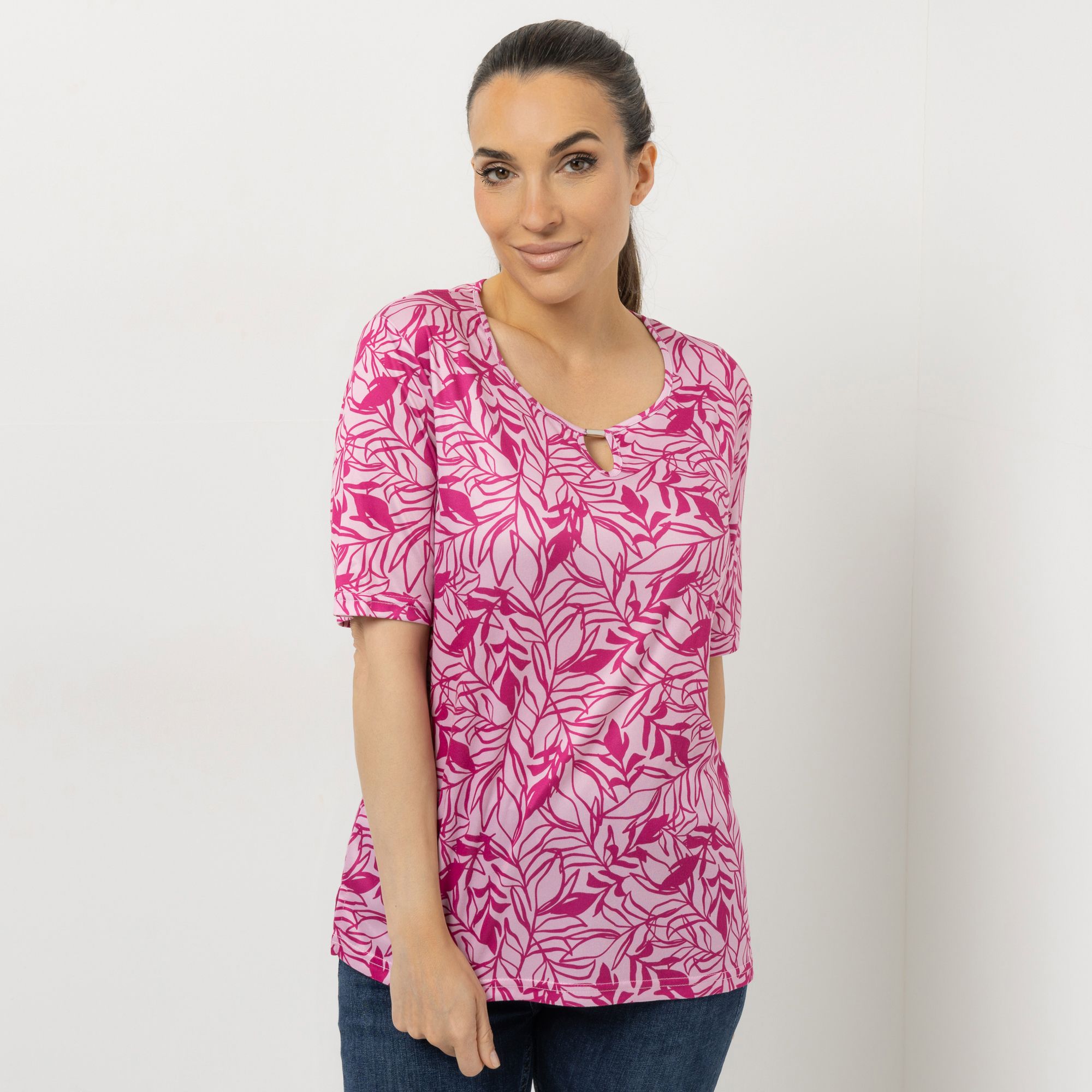 JERYMOOD HOMEWEAR Shirt, 1/2-Arm Rundhalsausschnitt Schlüssellochdetail mit Zierelement