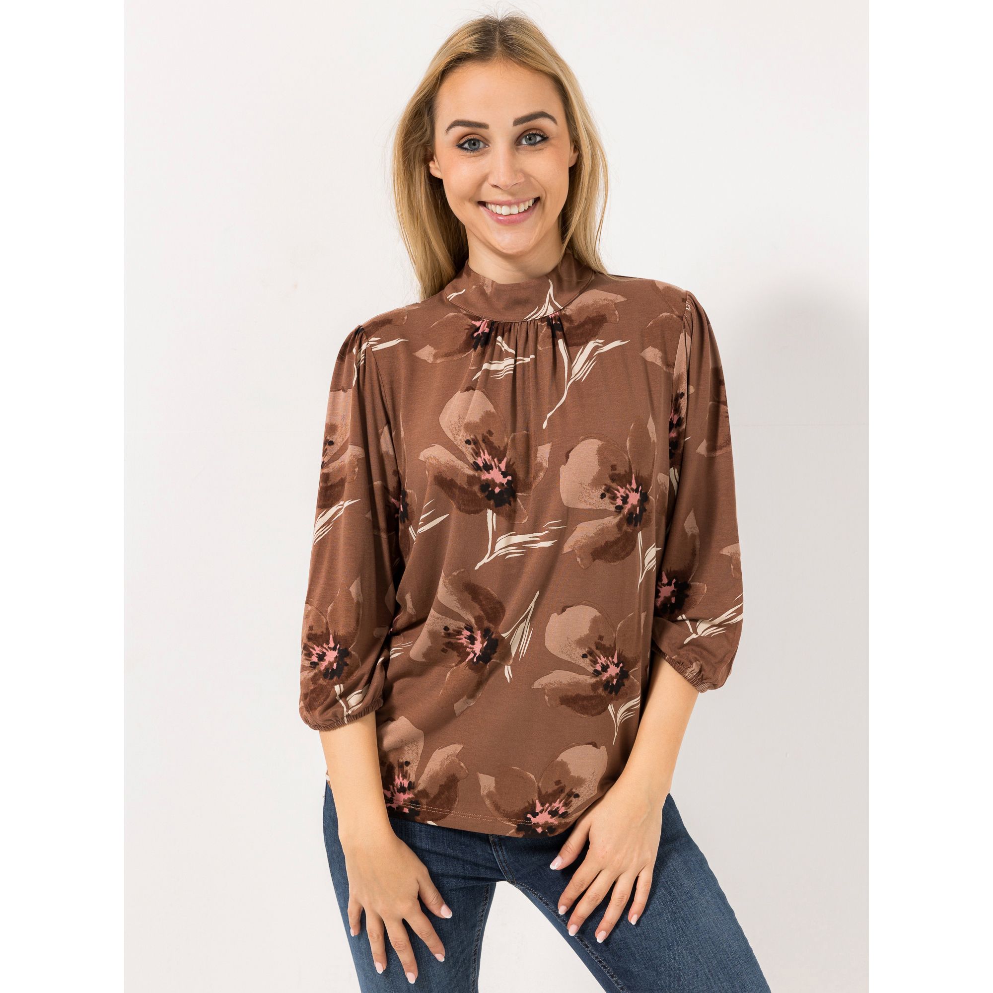 VIA MILANO Shirt, 3/4-Arm Stehkragen Allover-Druck mit ECOVERO Viskose