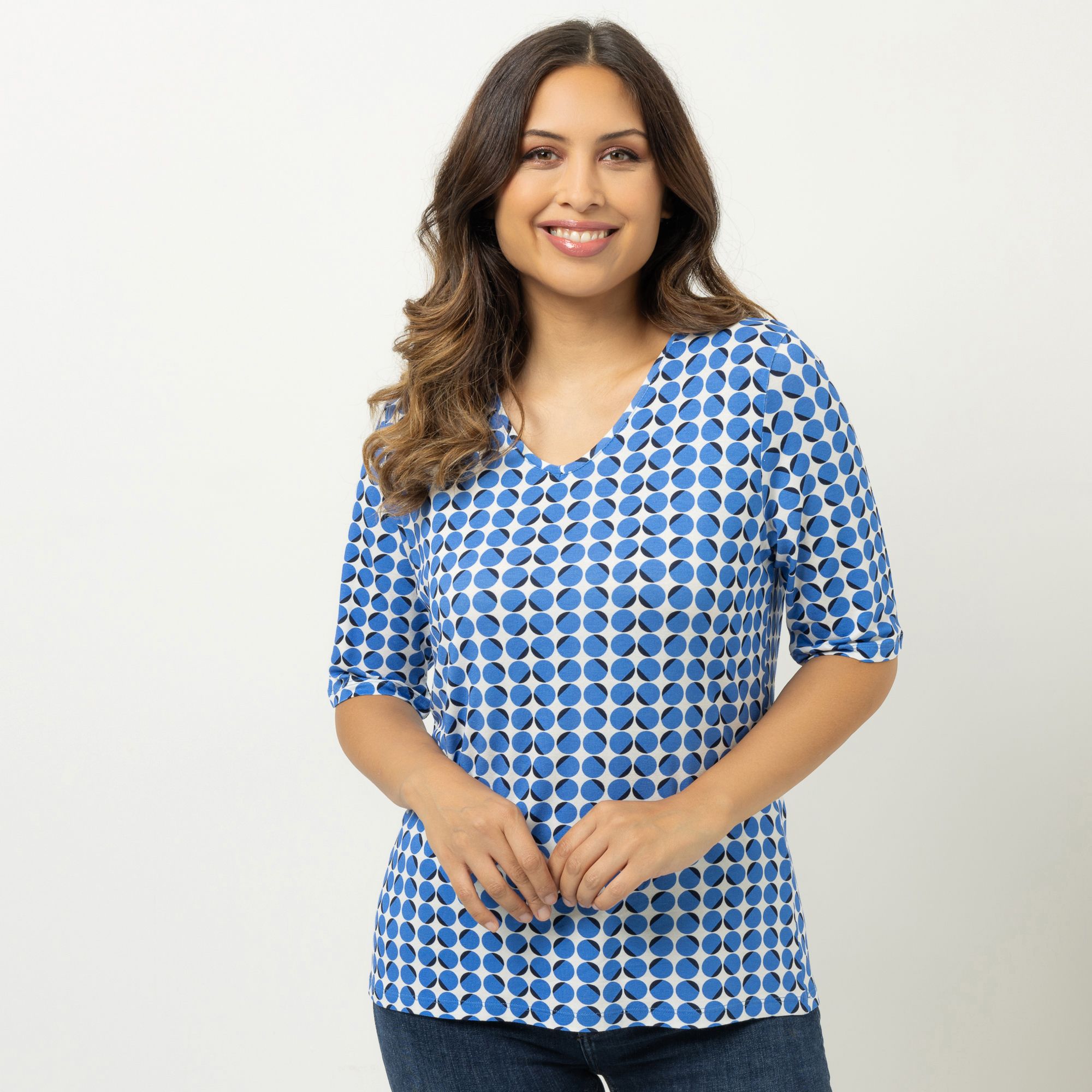DENIM & CO. Shirt, langer 1/2-Arm V-Ausschnitt Allover-Druck figurumspielend