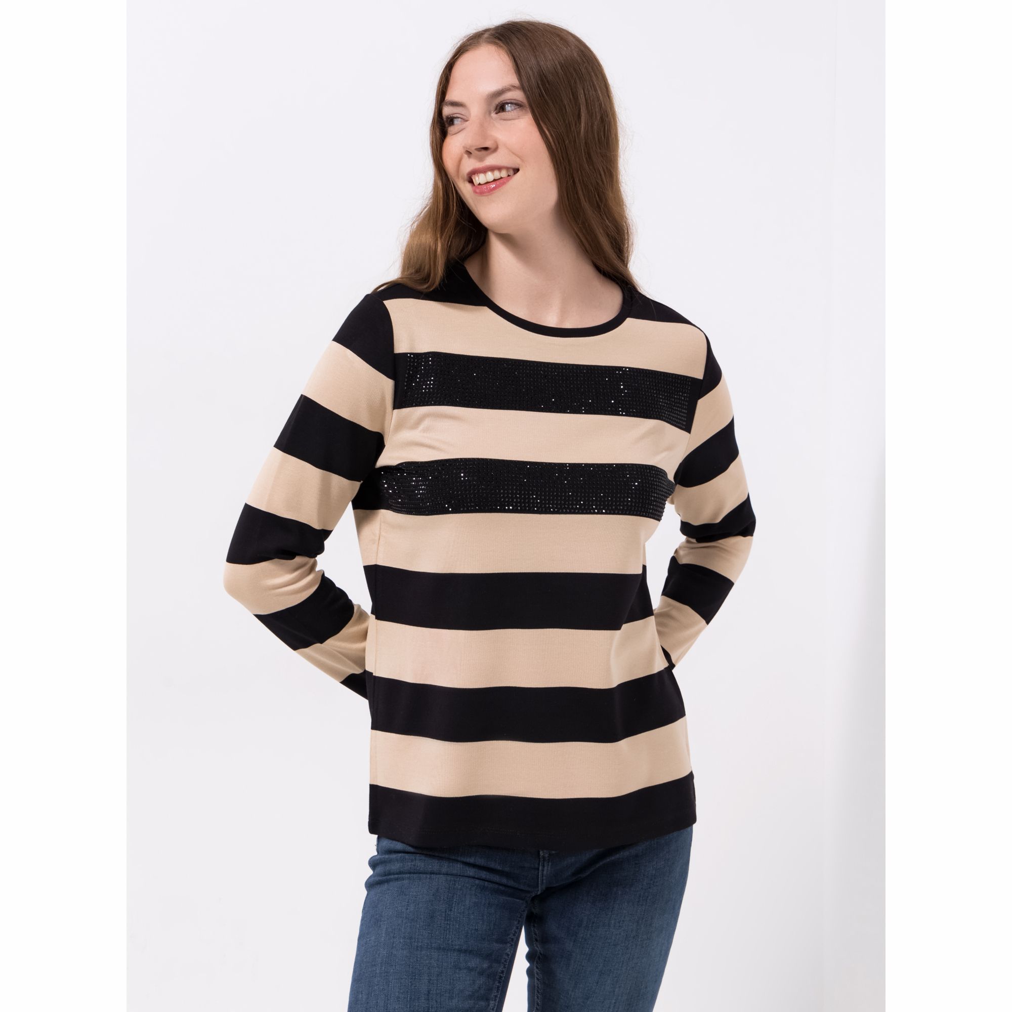 VIA MILANO Sweatshirt, 1/1-Arm Rundhalsausschnitt Glitzerapplikationen Figurumspielend