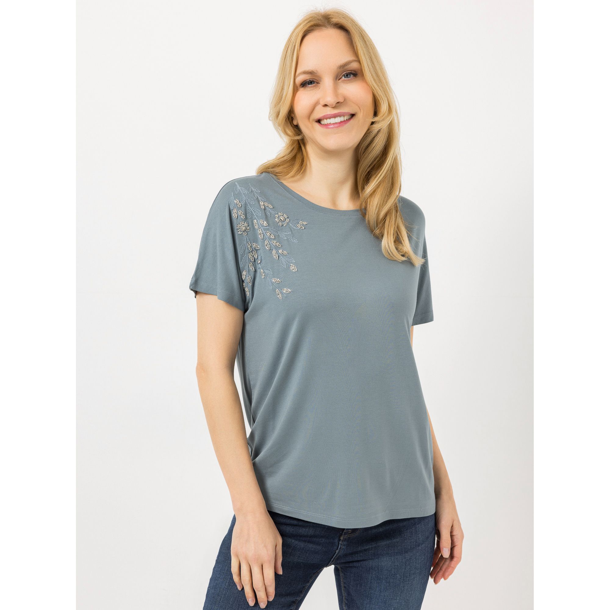 VIA MILANO Shirt, 1/2-Arm Rundhalsausschnitt Stickerei-Details figurumspielend