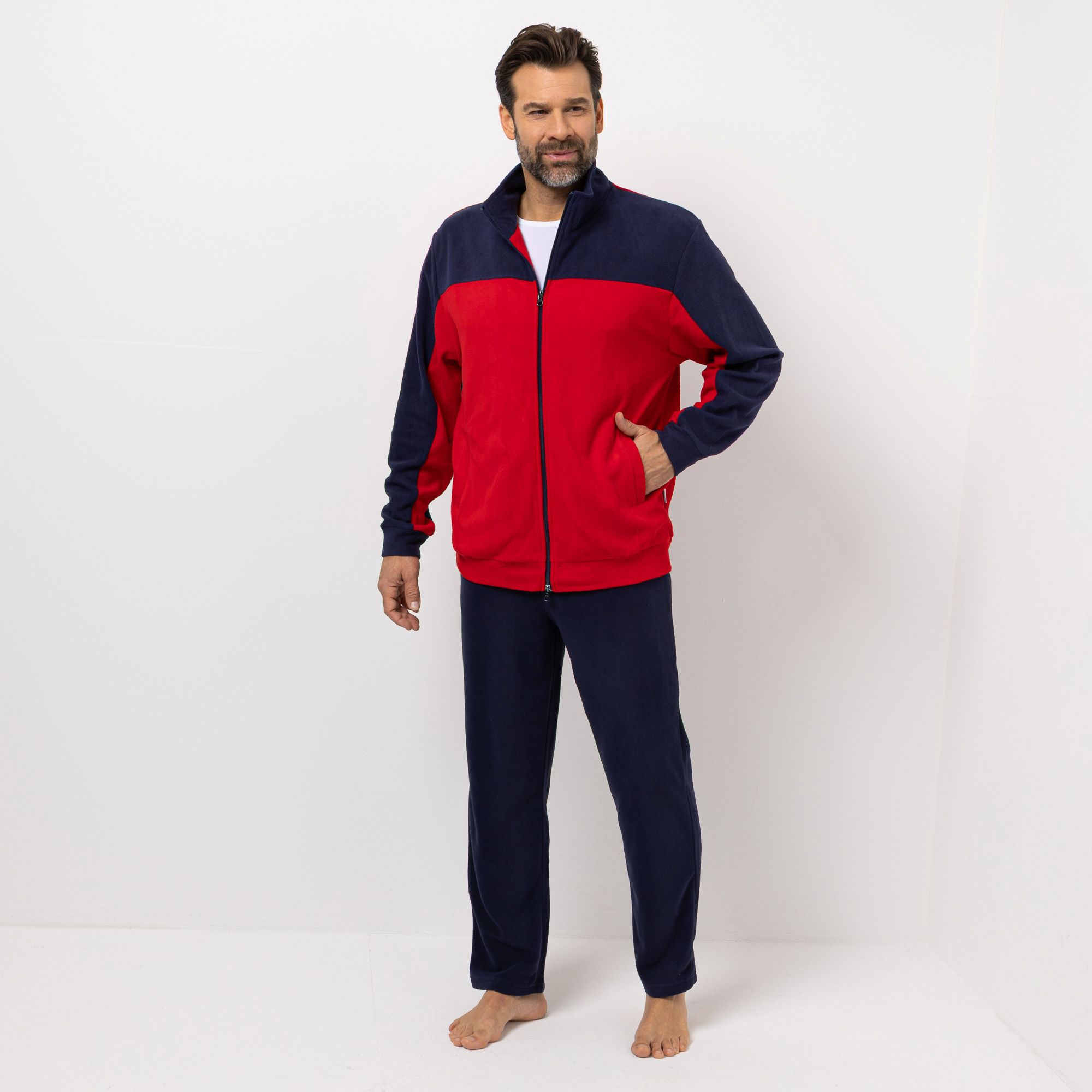 MEN'S TOUCH Hausanzug Mikrofaser Fleece 1/1-Länge Kontrastdetails