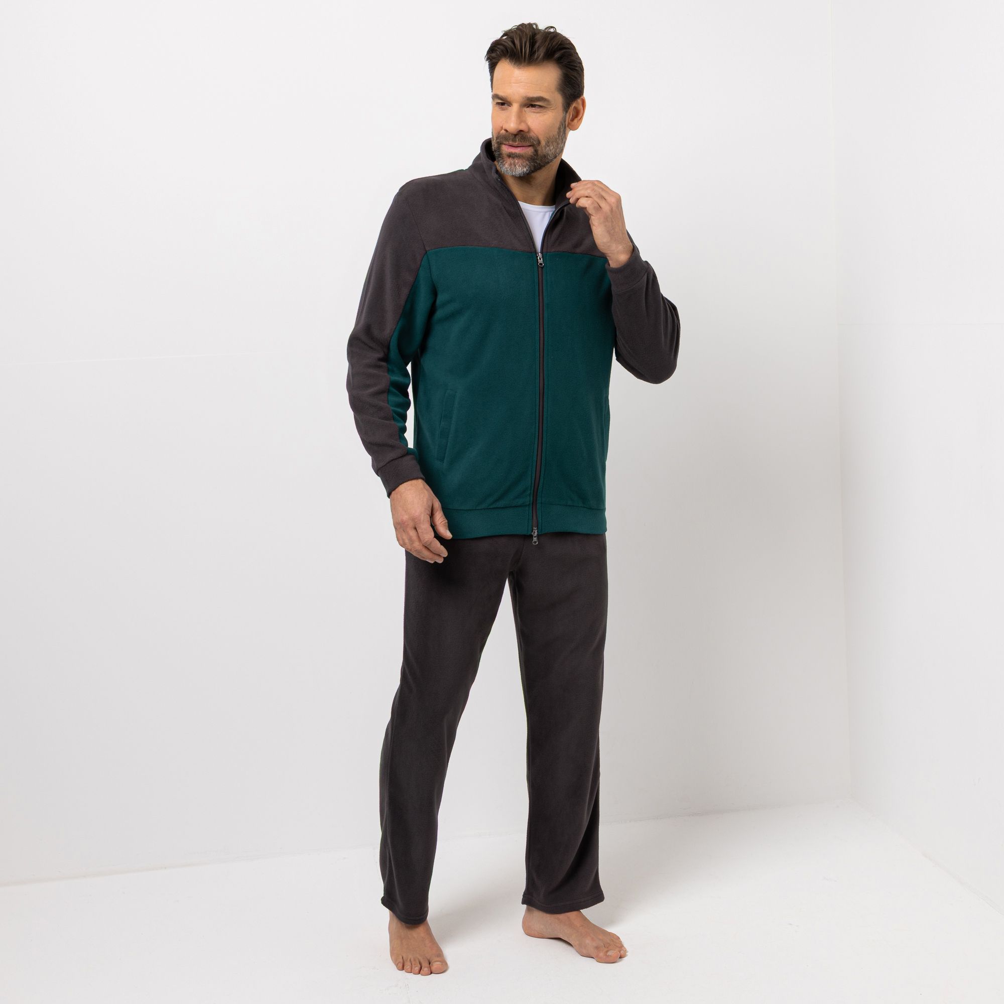 MEN'S TOUCH Hausanzug Mikrofaser Fleece 1/1-Länge Kontrastdetails