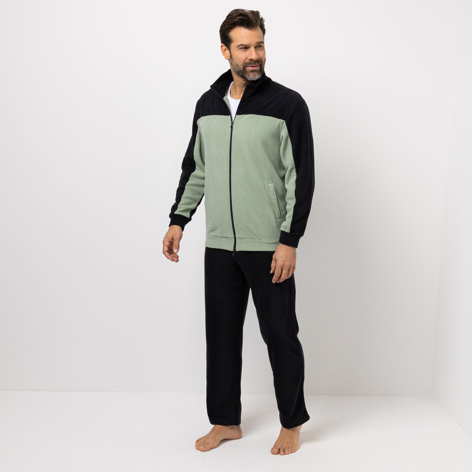 MEN'S TOUCH Hausanzug Mikrofaser Fleece 1/1-Länge Kontrastdetails