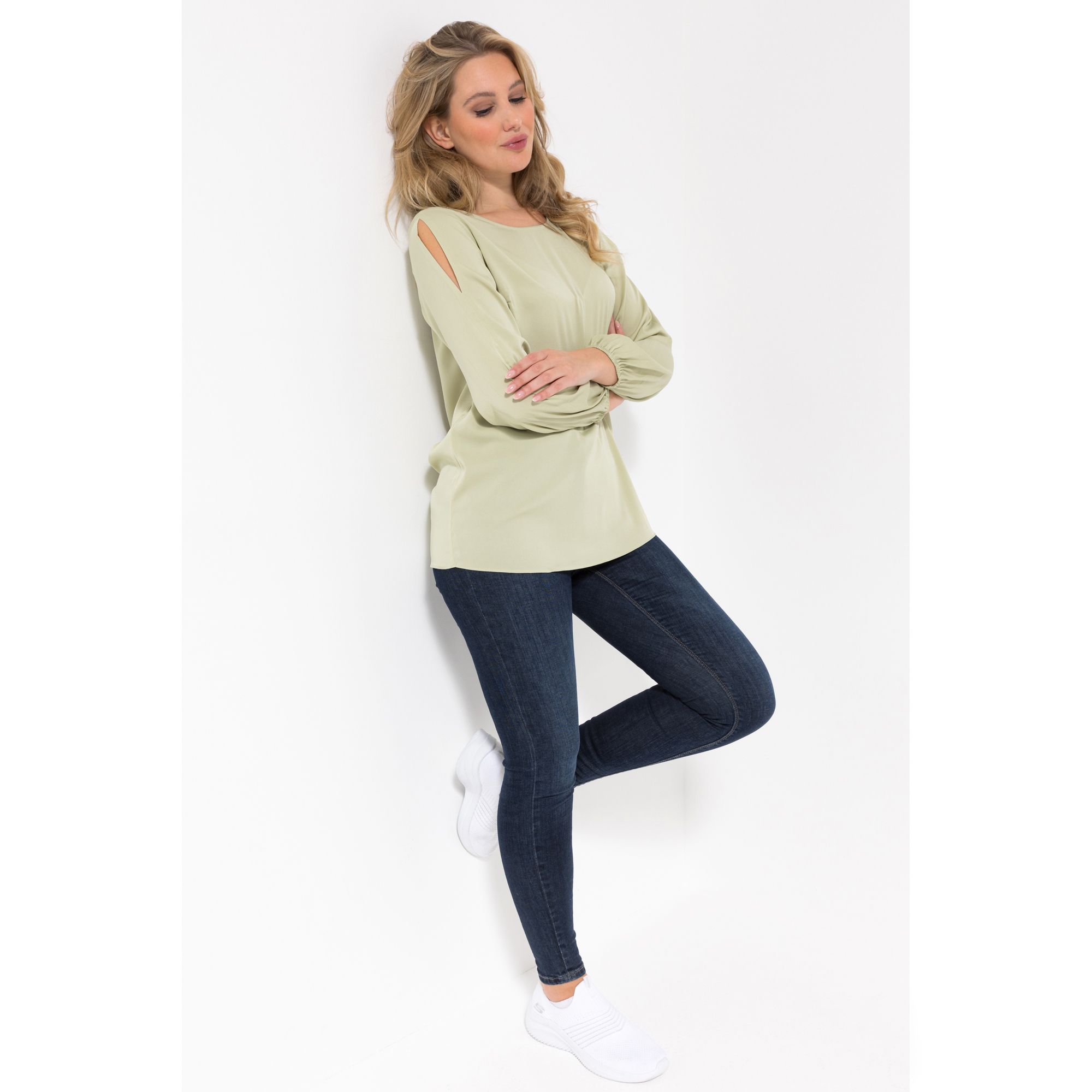 VIA MILANO Bluse, 1/1-Arm Rundhalsauschnitt Zierschlitz figurumspielend