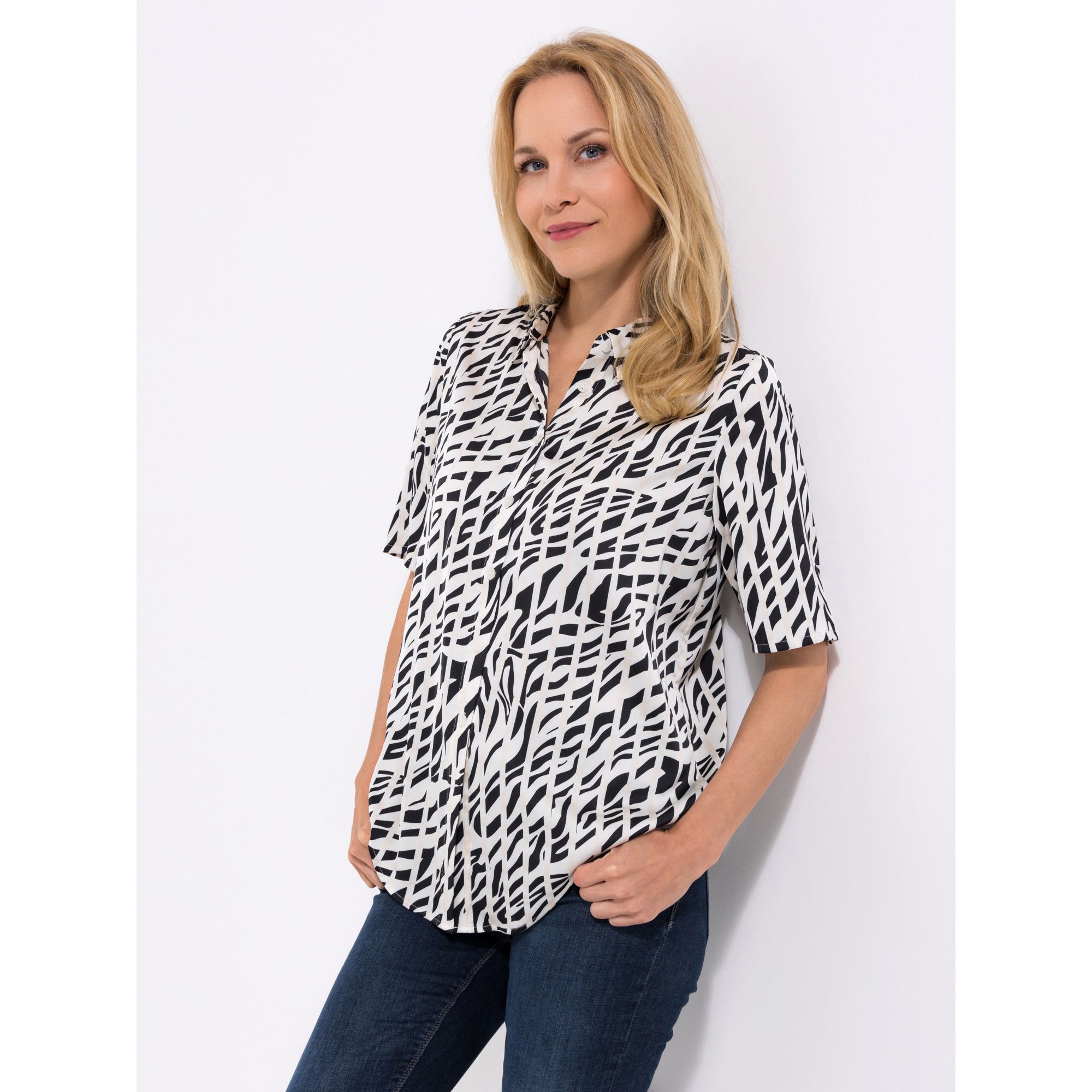 VIA MILANO Bluse, langer 1/2-Arm Kragen Knopfleiste bedruckt