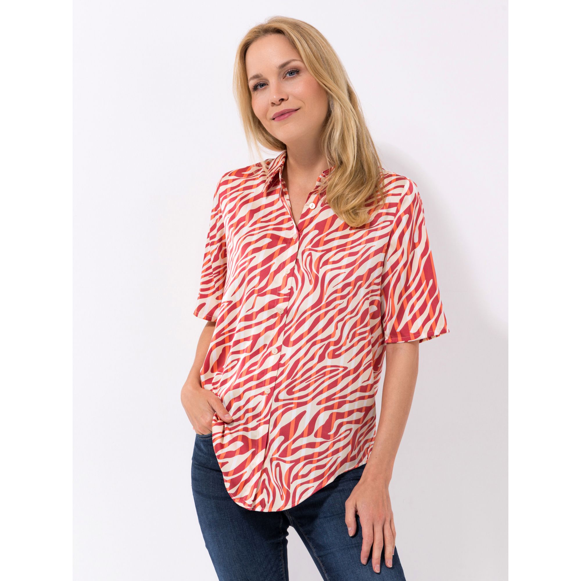 VIA MILANO Bluse, langer 1/2-Arm Kragen Knopfleiste bedruckt