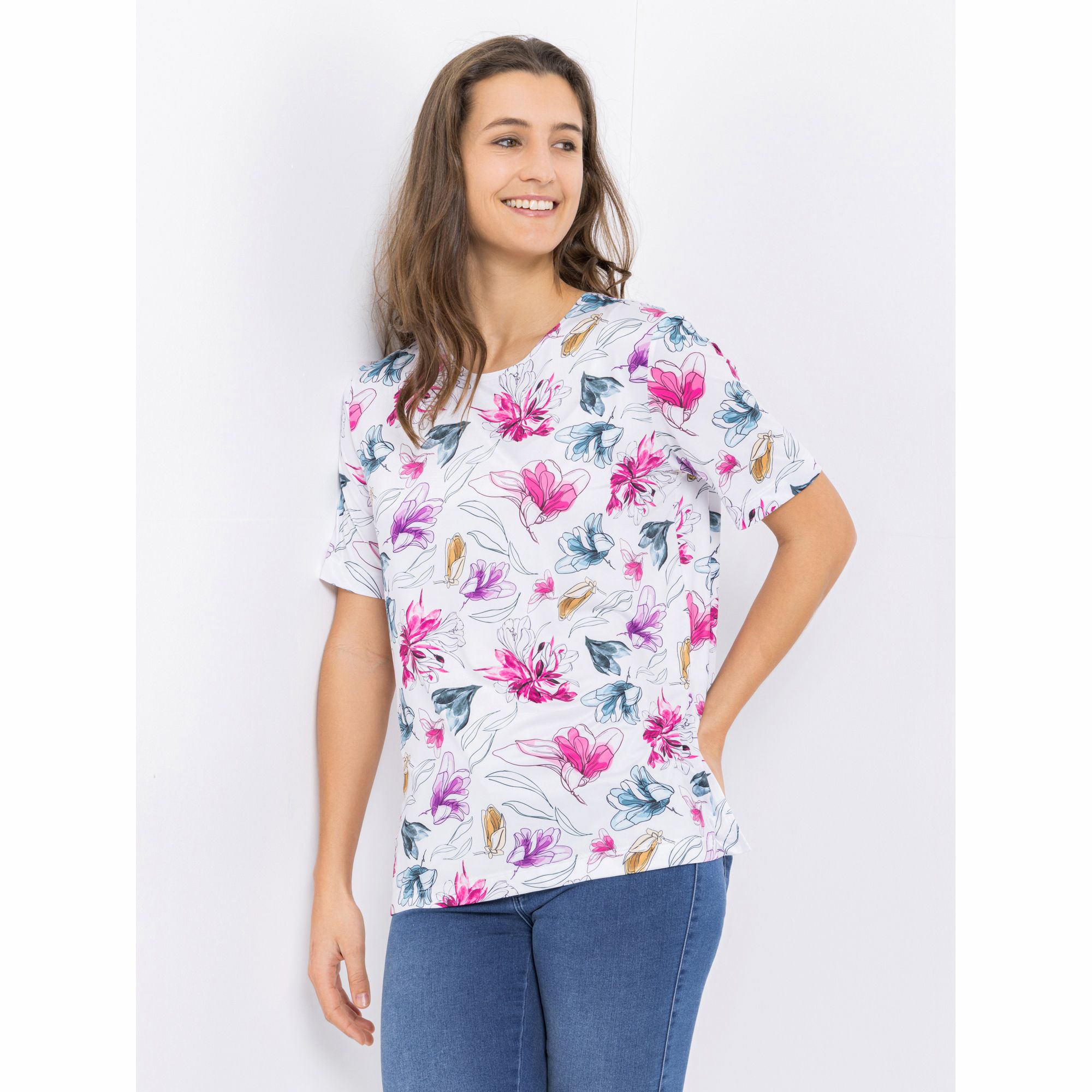 IN-PRINT Shirt, 1/2-Arm Rundhalsausschnitt Seitenschlitze Blumendruck