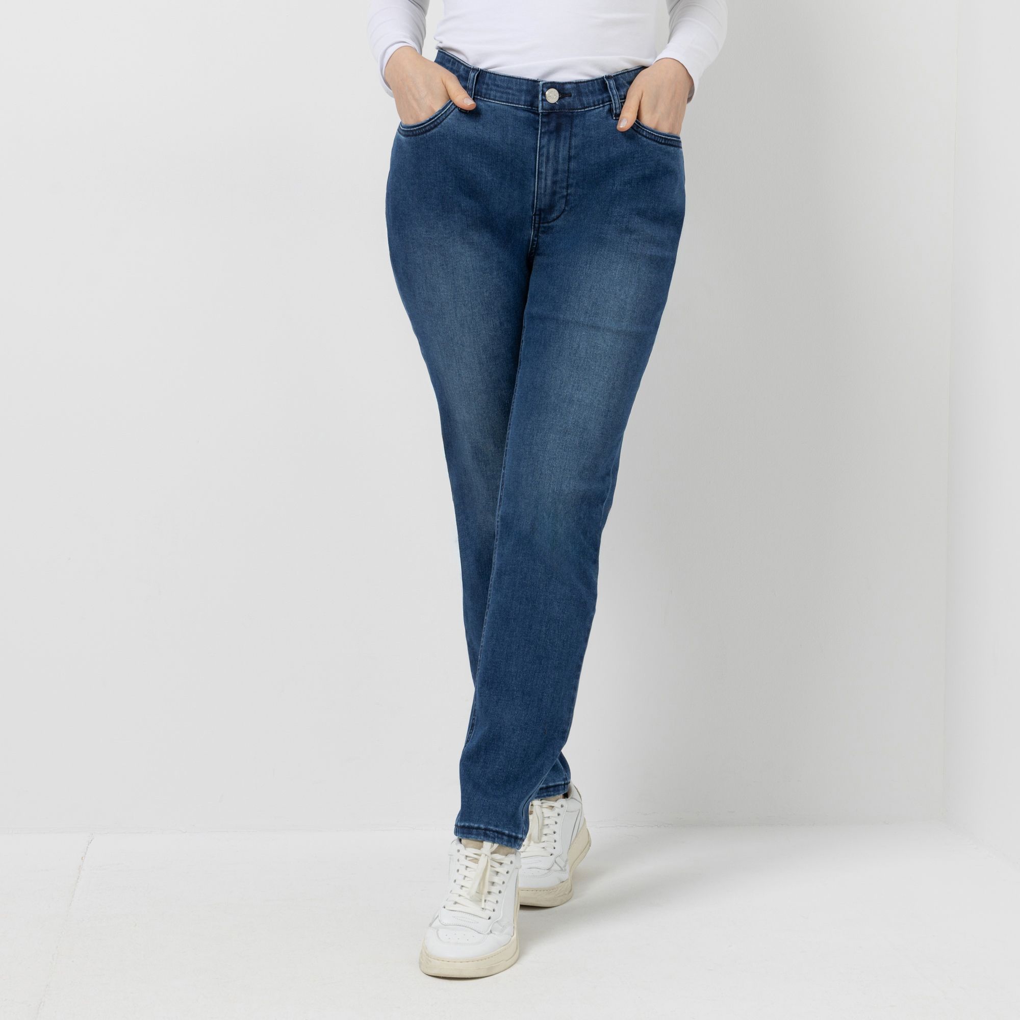 DENIM & CO. Jeans, knöchellang Rundumdehnbund Eingrifftaschen Used-Effekt