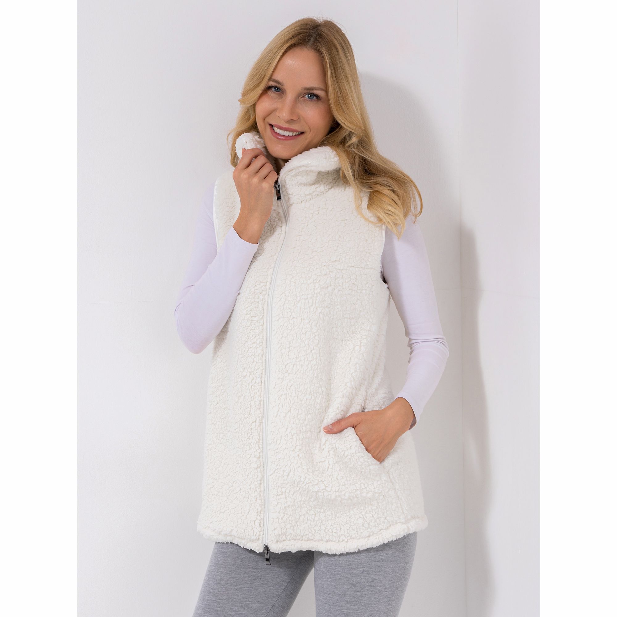 POLARSTERN HOMEWEAR Weste, ohne Arm Teddy-Optik Stehkragen 2-Wege-Reißverschluss