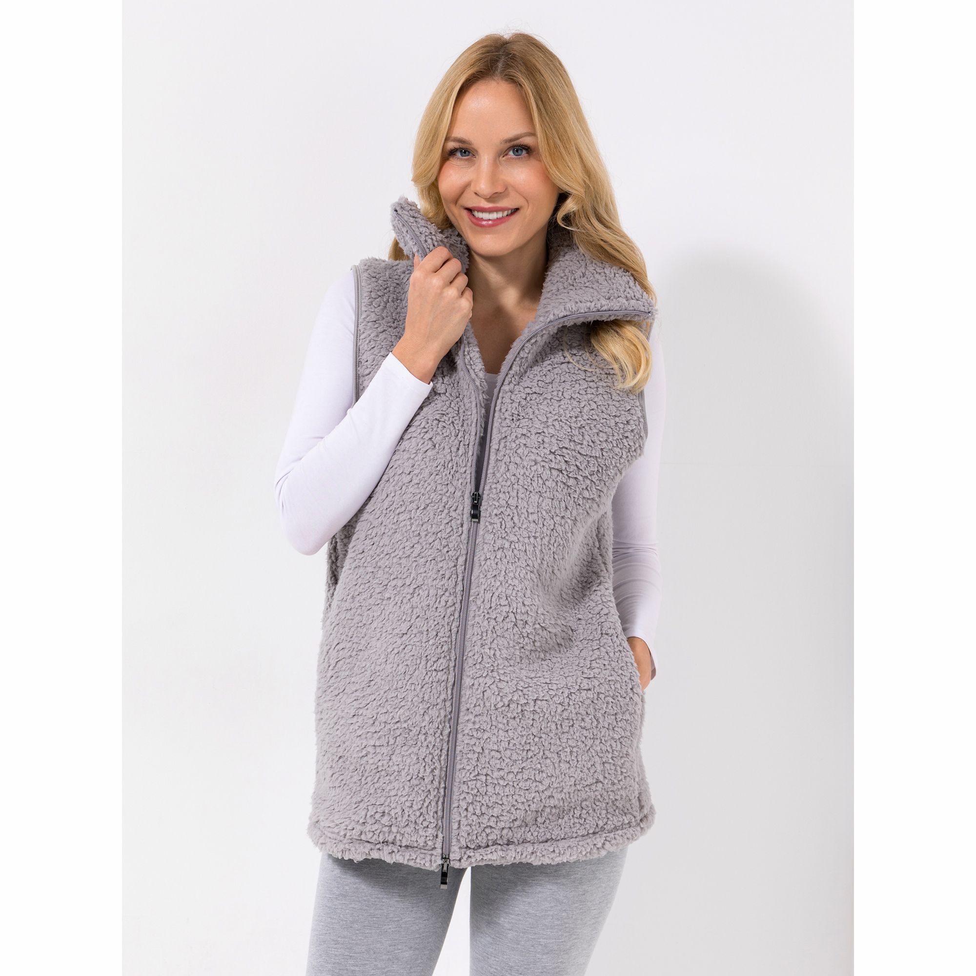 POLARSTERN HOMEWEAR Weste, ohne Arm Teddy-Optik Stehkragen 2-Wege-Reißverschluss