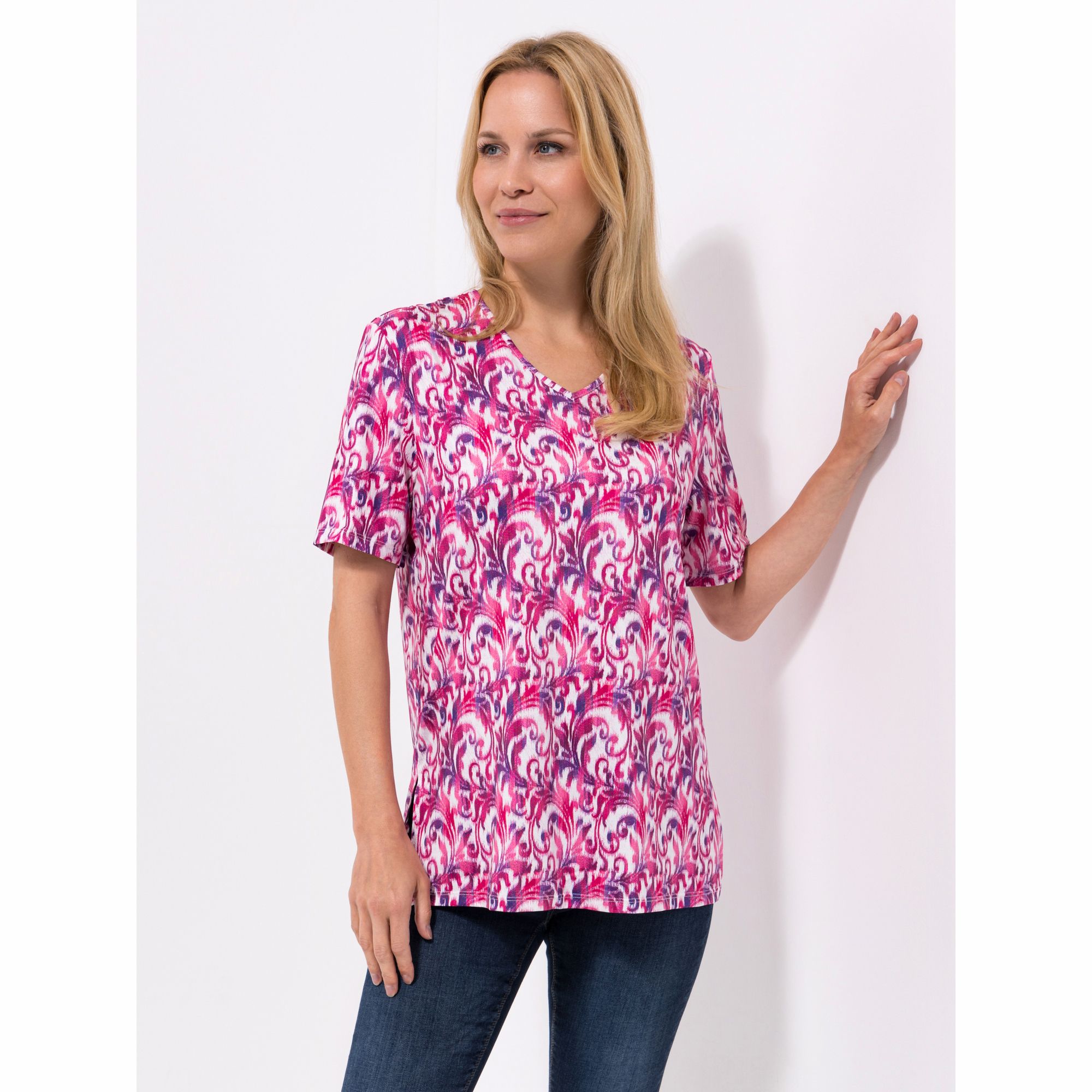 IN-PRINT Jersey-Shirt, 1/2-Arm V-Ausschnitt Seitenschlitze Figurumspielend