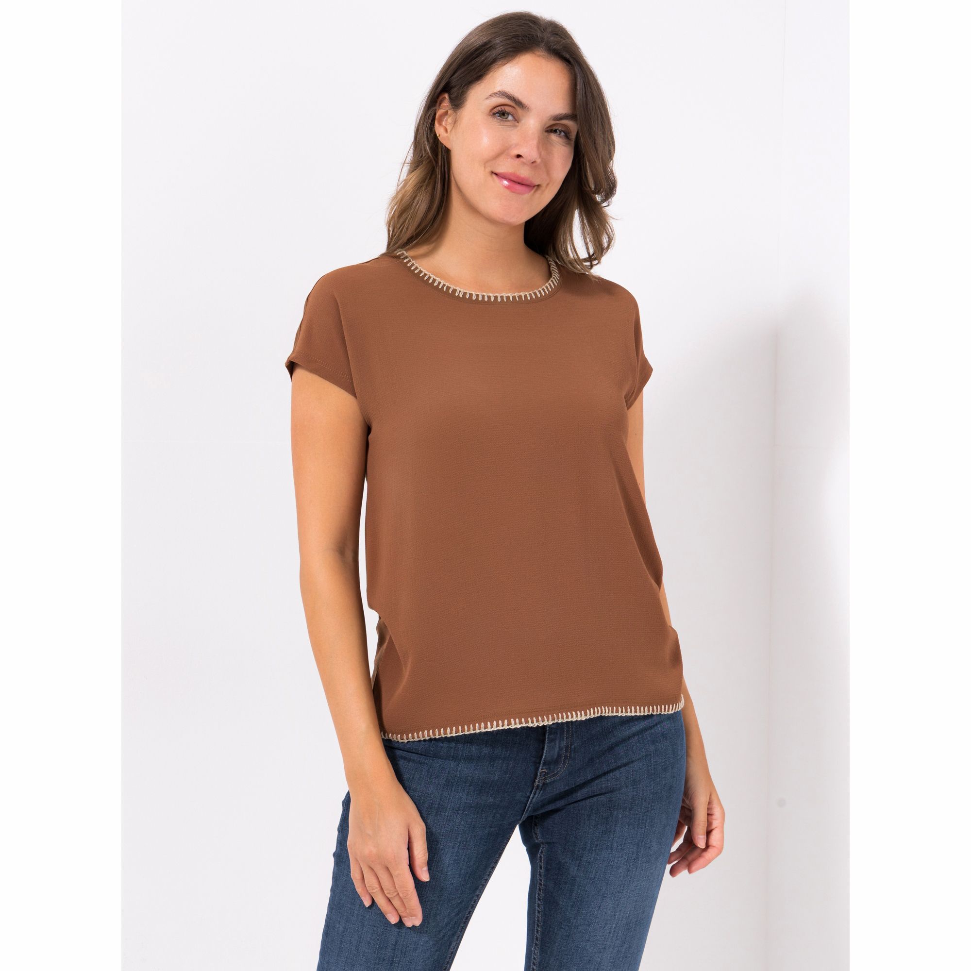 VIA MILANO Blusenshirt, 1/2-Arm Rundhalsausschnitt mit Kontrastdetails figurumspielend