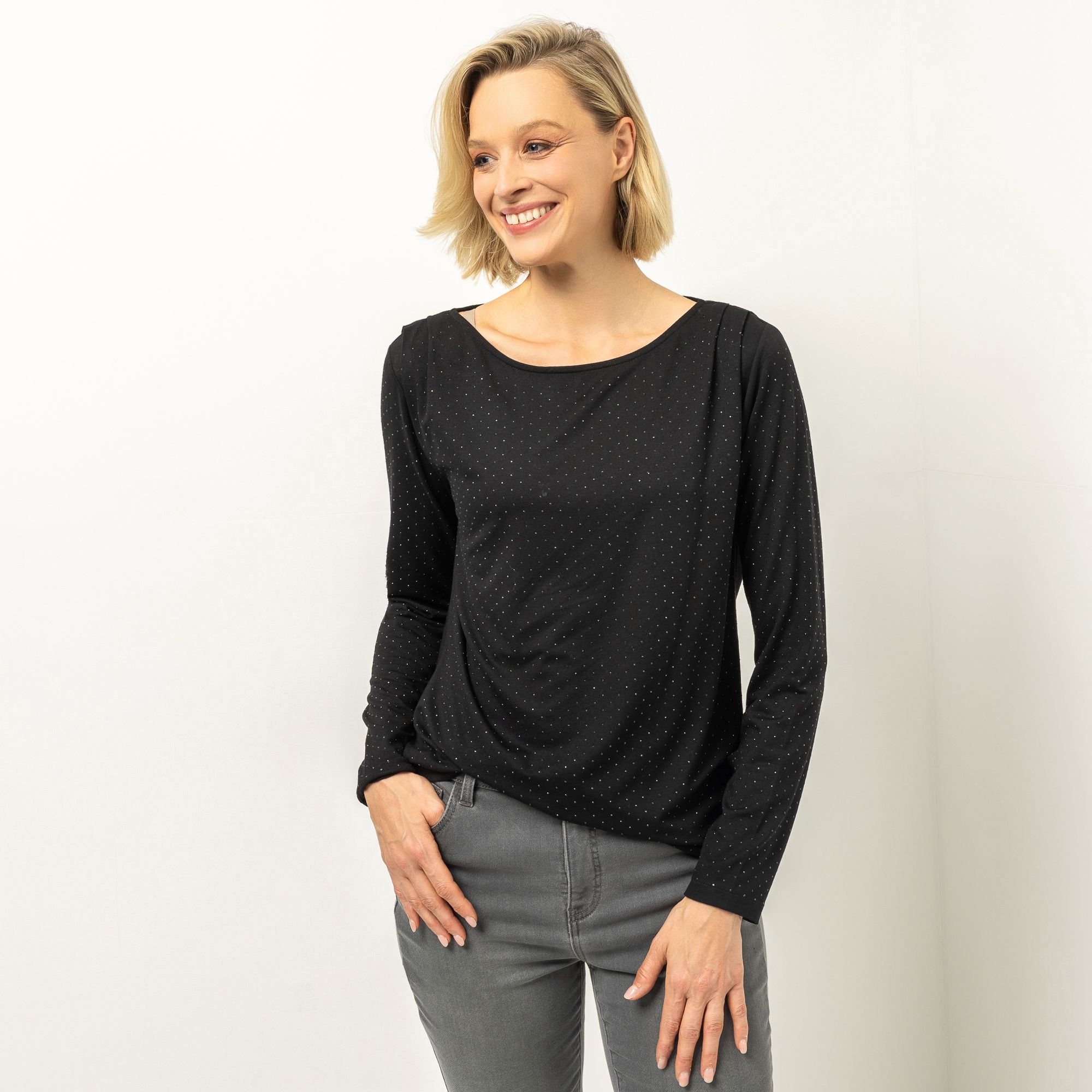 VIA MILANO Shirt, langarm U-Boot-Ausschnitt Steinchen-Details figurumspielend