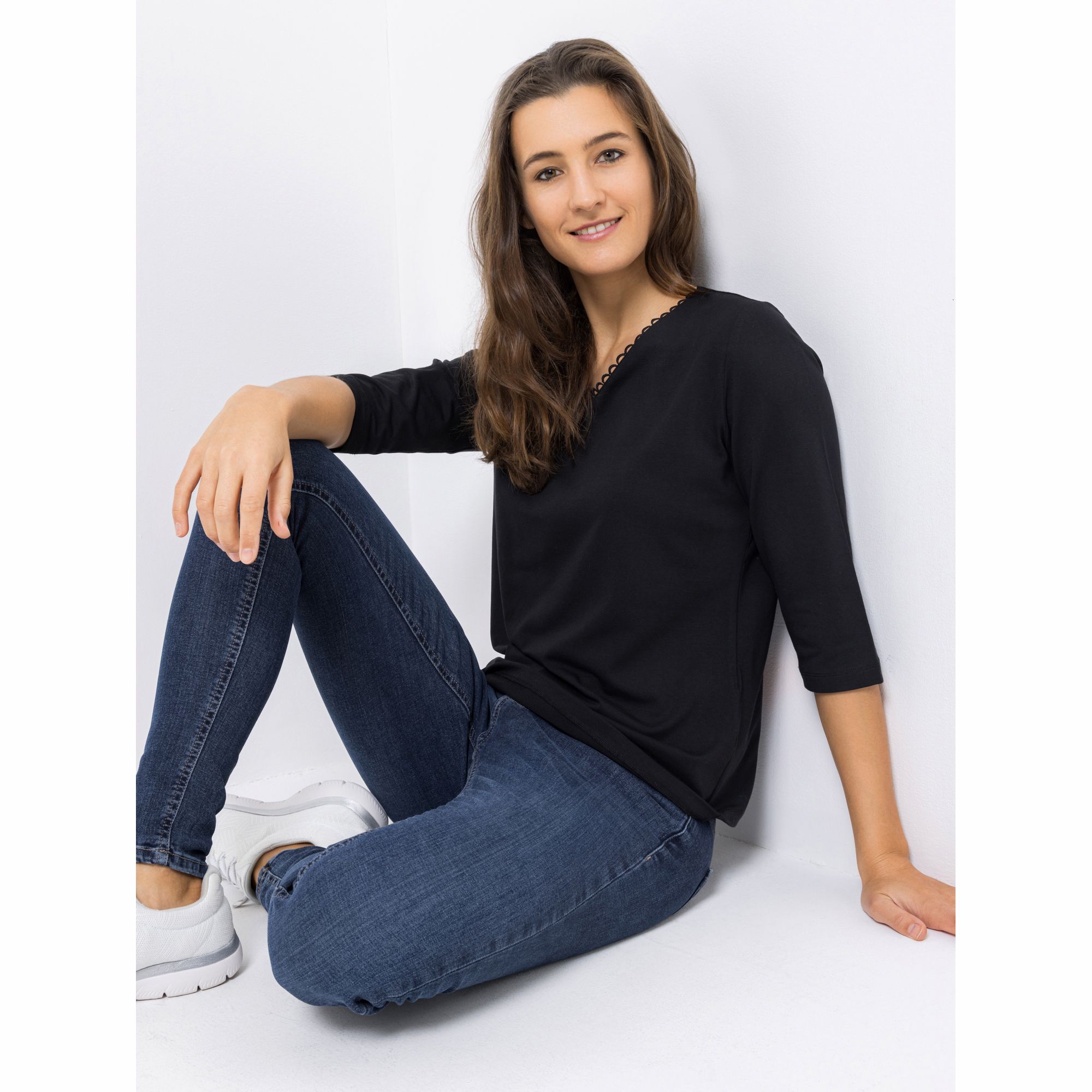 VIA MILANO Shirt, 3/4-Arm V-Ausschnitt Spitze figurumspielend