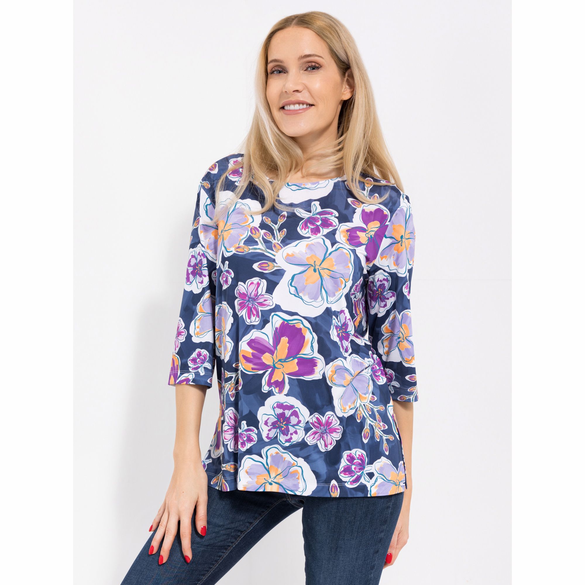 IN-PRINT Shirt, 3/4-Arm Rundhalsausschnitt Seitenschlitze Blumendruck