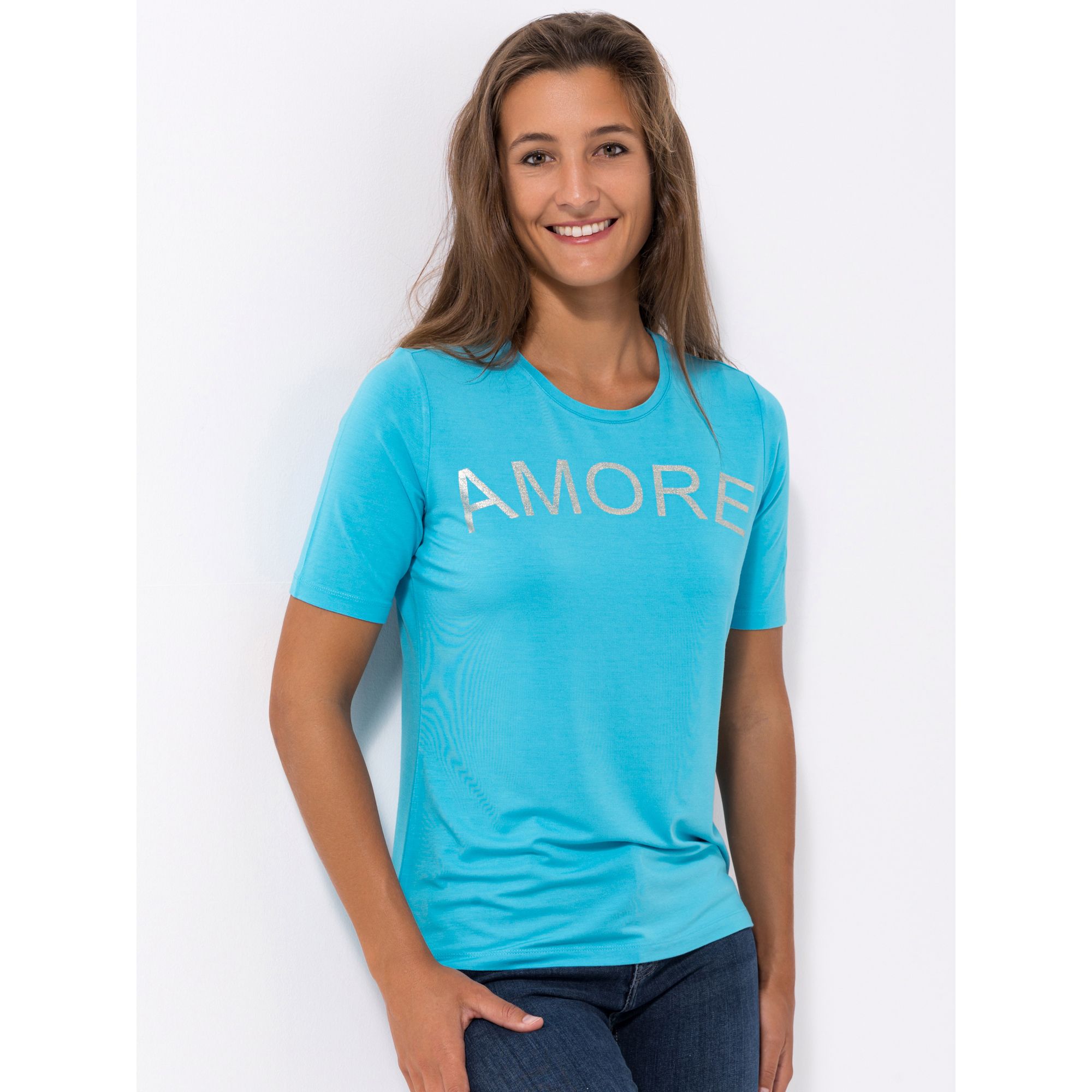 VIA MILANO Shirt, 1/2-Arm Rundhalsausschnitt Schriftzug mit ECOVERO Viskose