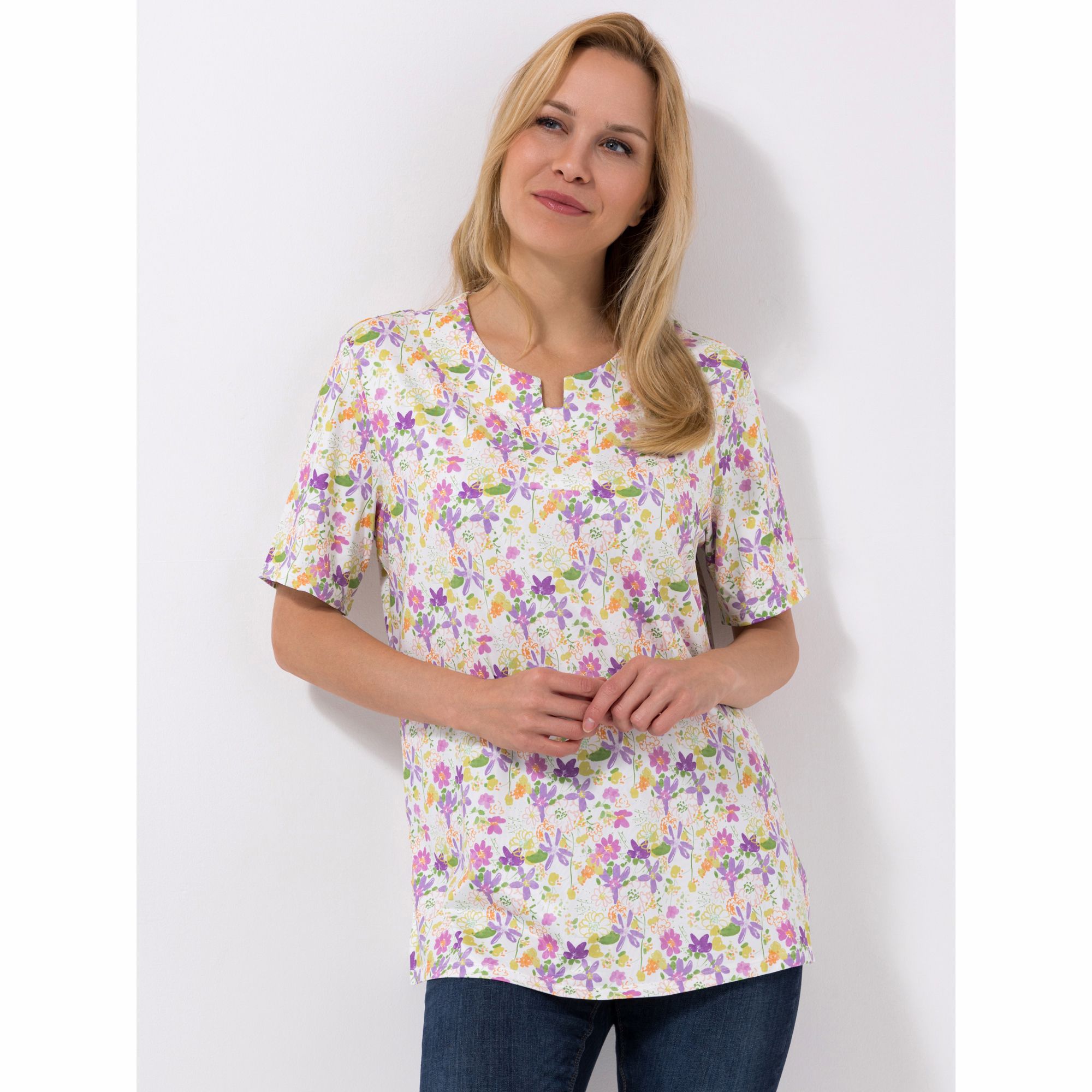 IN-PRINT Jersey-Shirt, 1/2-Arm Serafino Ausschnitt Seitenschlitze Figurumspielend