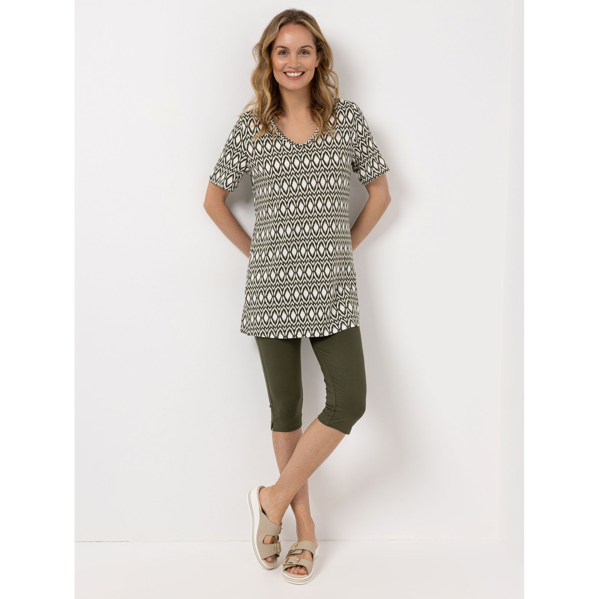 DENIM & CO. Set Tunika & Capri Leggings V-Ausschnitt 1/2-Arm, bedruckt