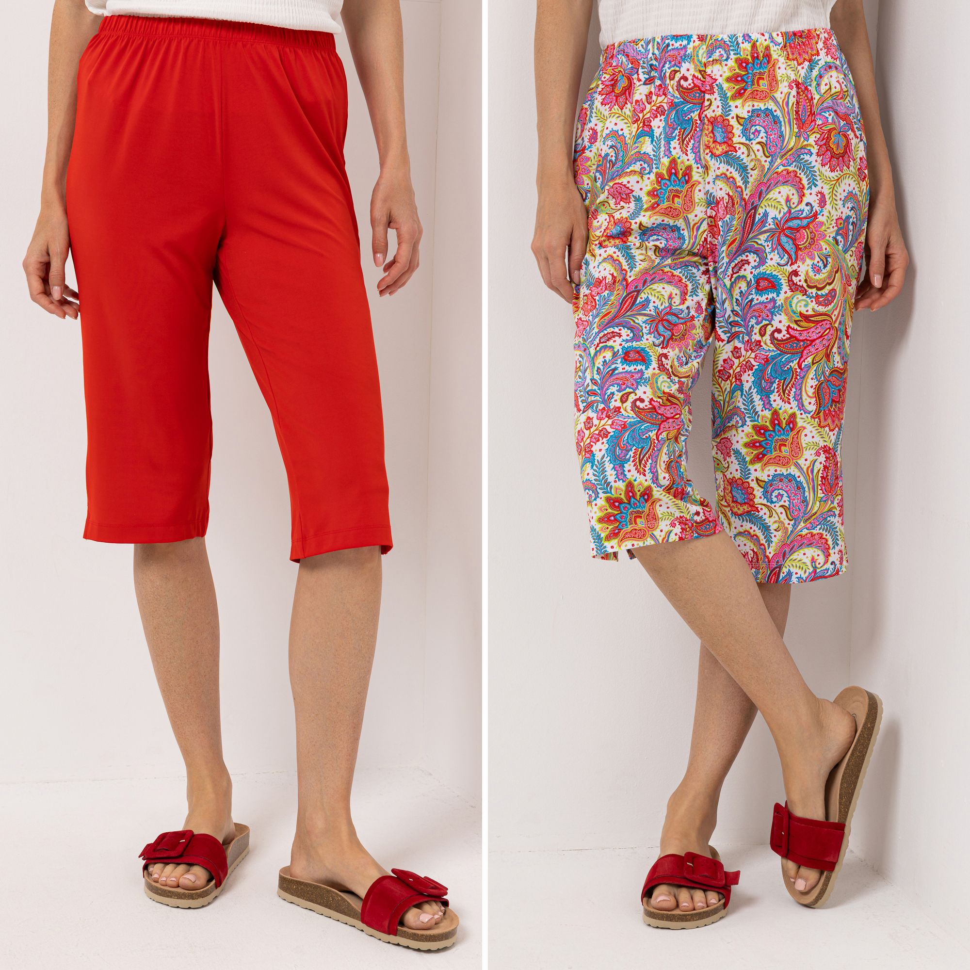 IN-PRINT Doppelpack Capri-Hose Uni und bedruckt Rundumdehnbund gerade Form