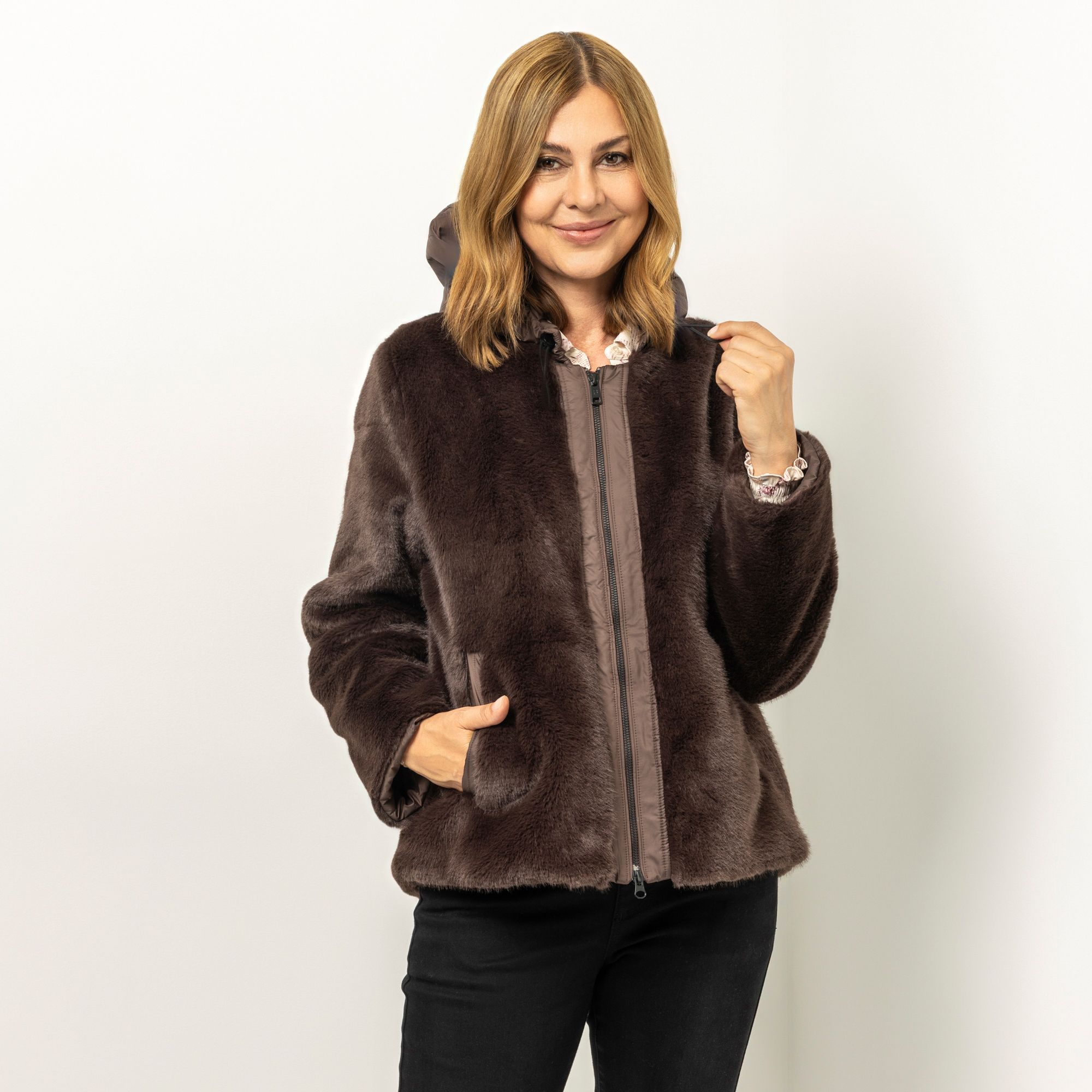 BRUCE DARNELL Outdoorjacke abnehmbare Kapuze Webpelz, Materialmix leger weit