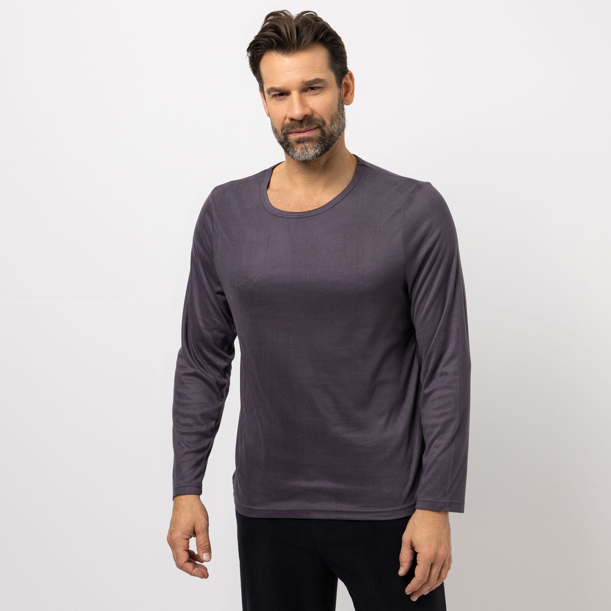 MEN'S TOUCH Shirt Mikrofaser Flannel Rundhalsausschnitt schmale Passform