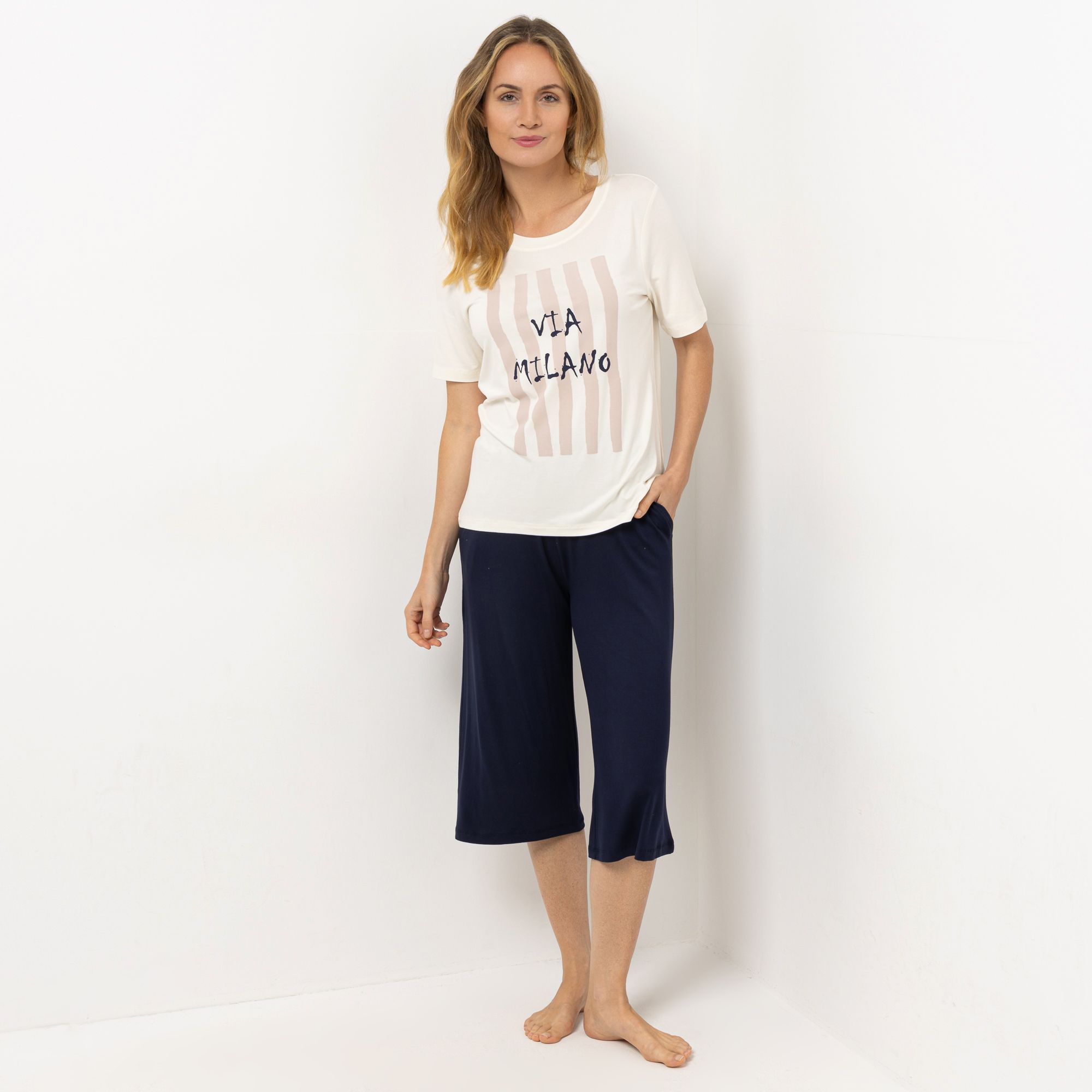 VIA MILANO Lingerie Pyjama-Set Shirt, 1/2-Arm Capri