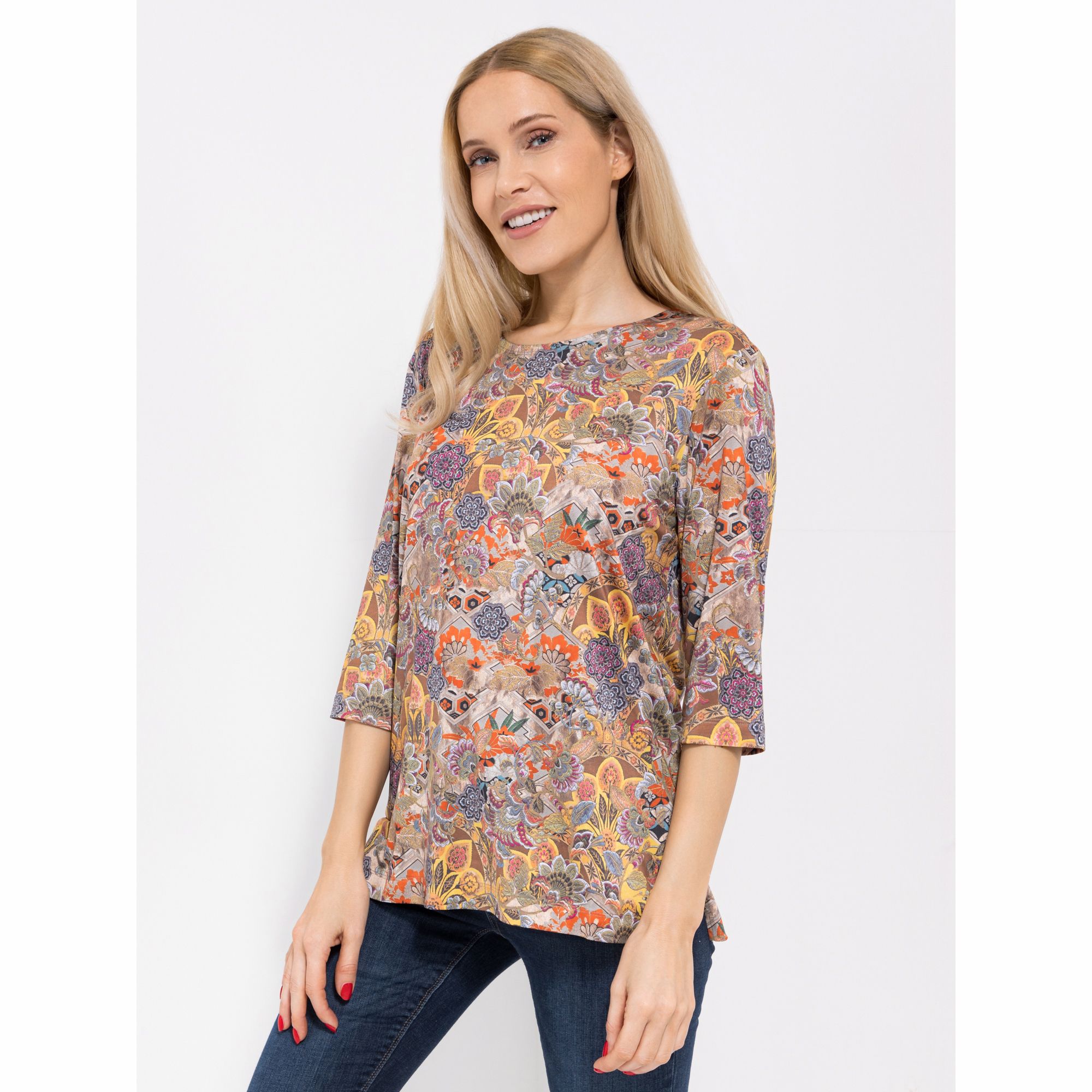 IN-PRINT Shirt, 3/4-Arm Rundhalsausschnitt Seitenschlitze Blumendruck