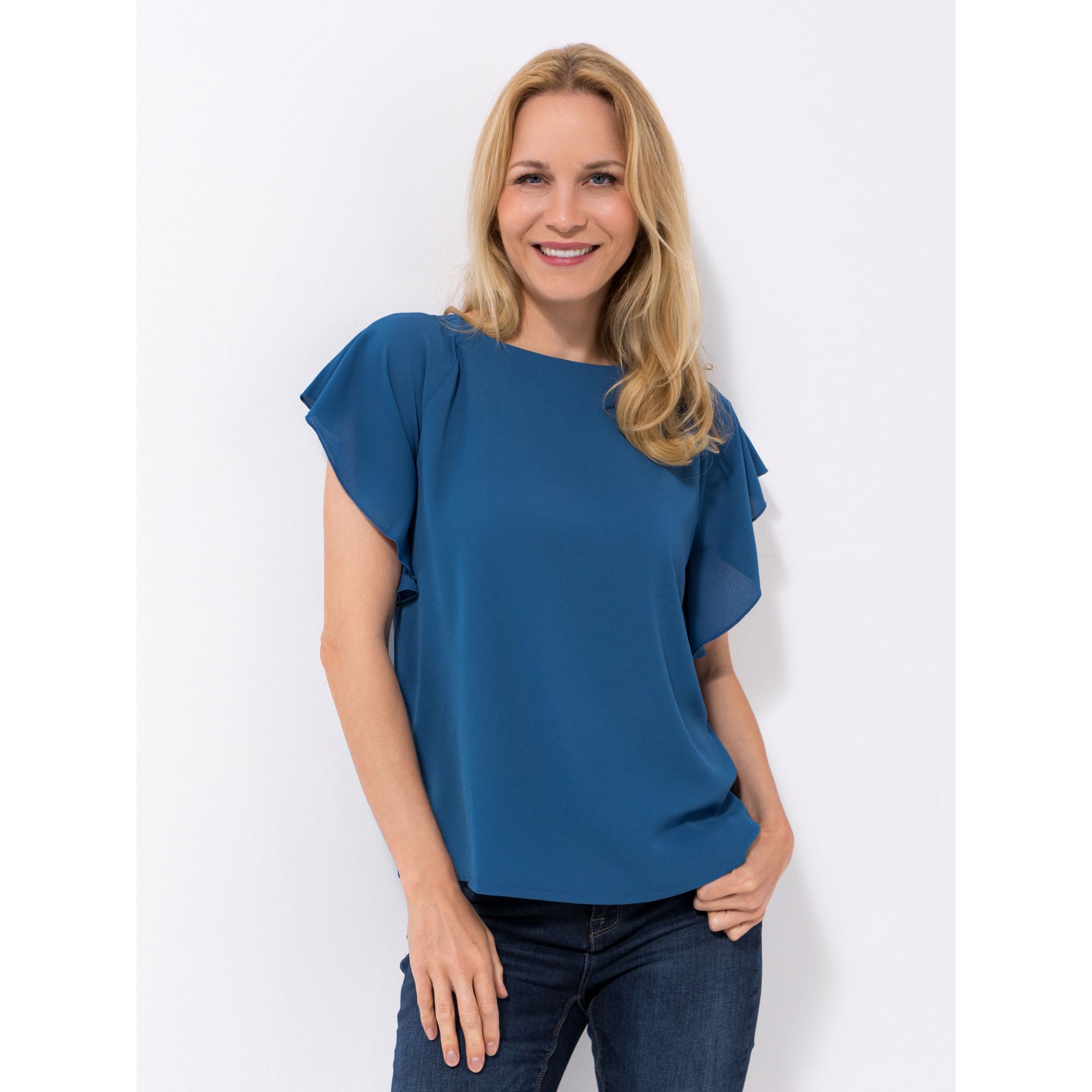 VIA MILANO Bluse, Flügelarm Rundhalsausschnitt langer Schlitz figurumspielend