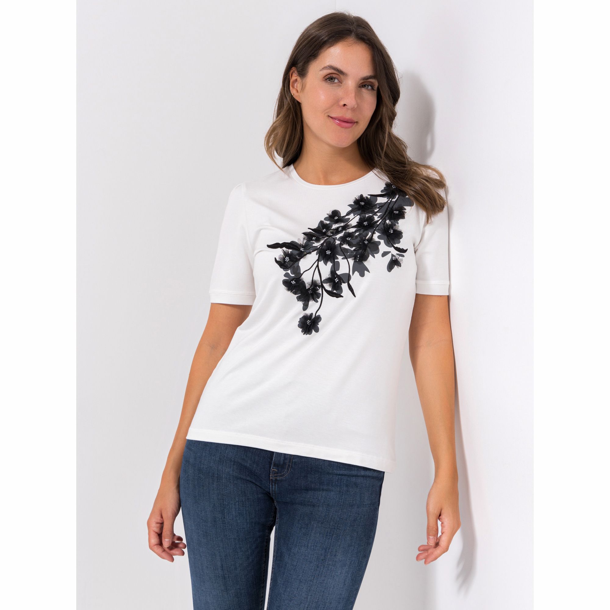 VIA MILANO Shirt, 1/2-Arm florale 3D-Applikation Rundhalsausschnitt