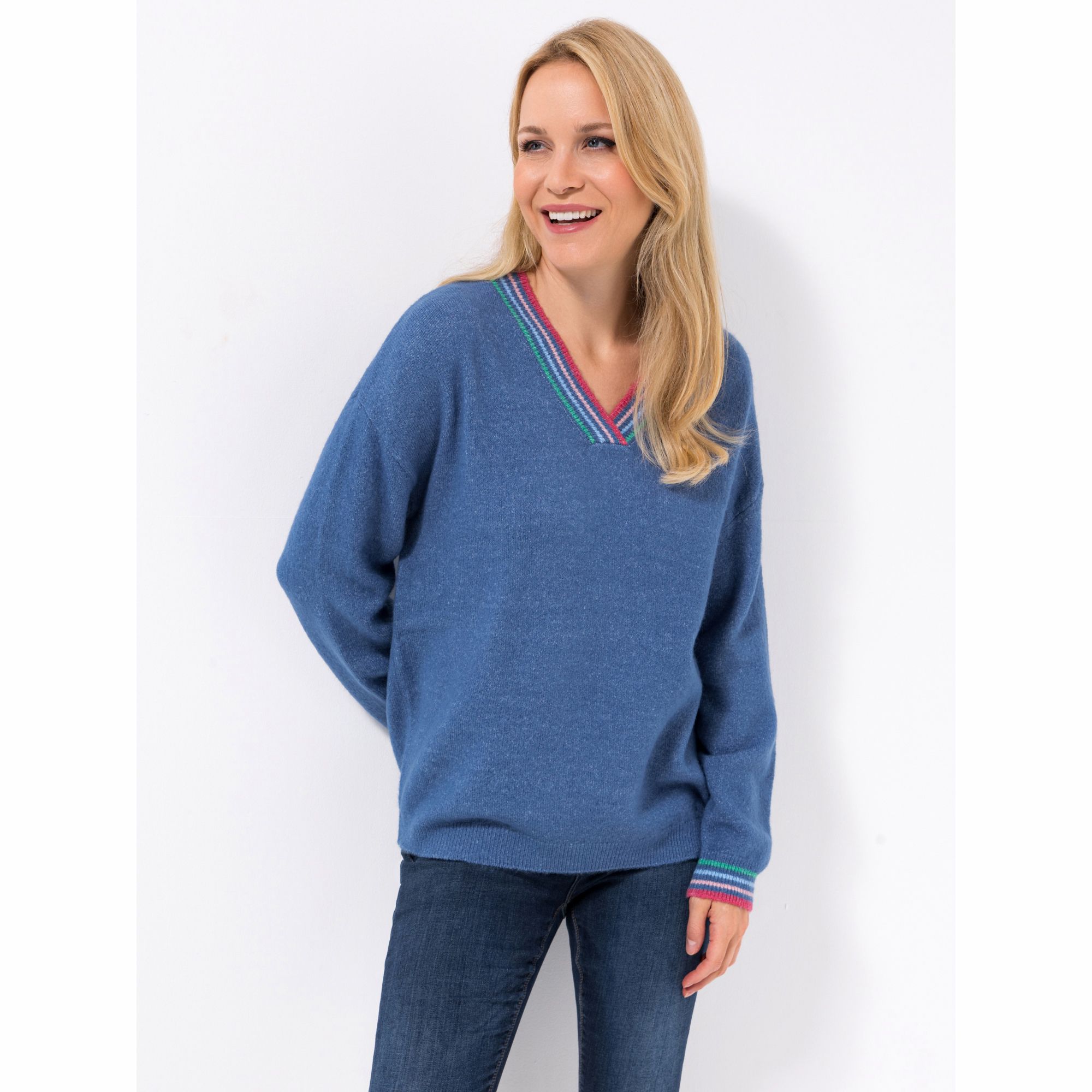 DENIM & CO. Pullover, 1/1-Arm mit Kontraststreifen V-Ausschnitt Figurumspielend