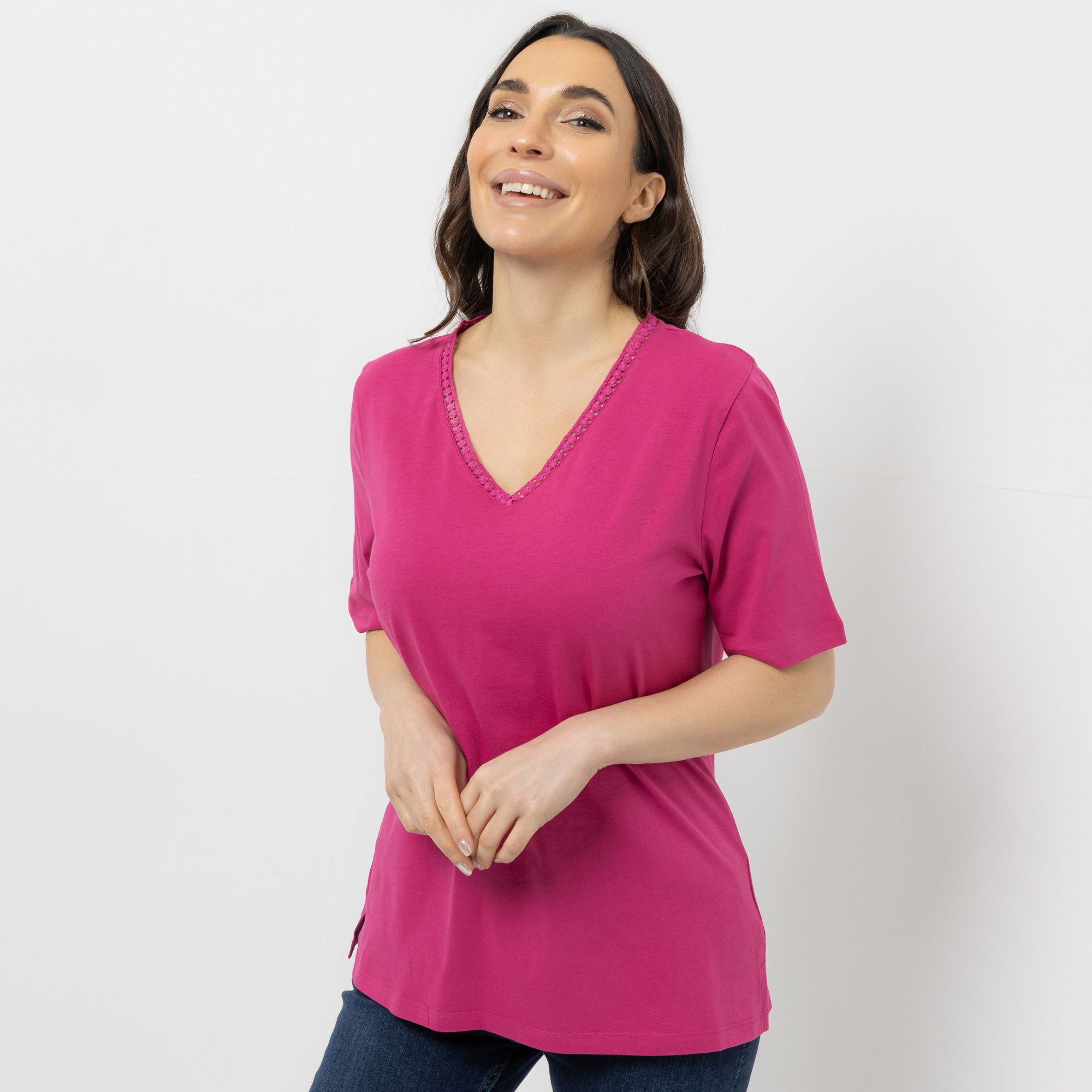 DENIM & CO. Shirt, 1/2-Arm V-Ausschnitt Zierband figurumspielend