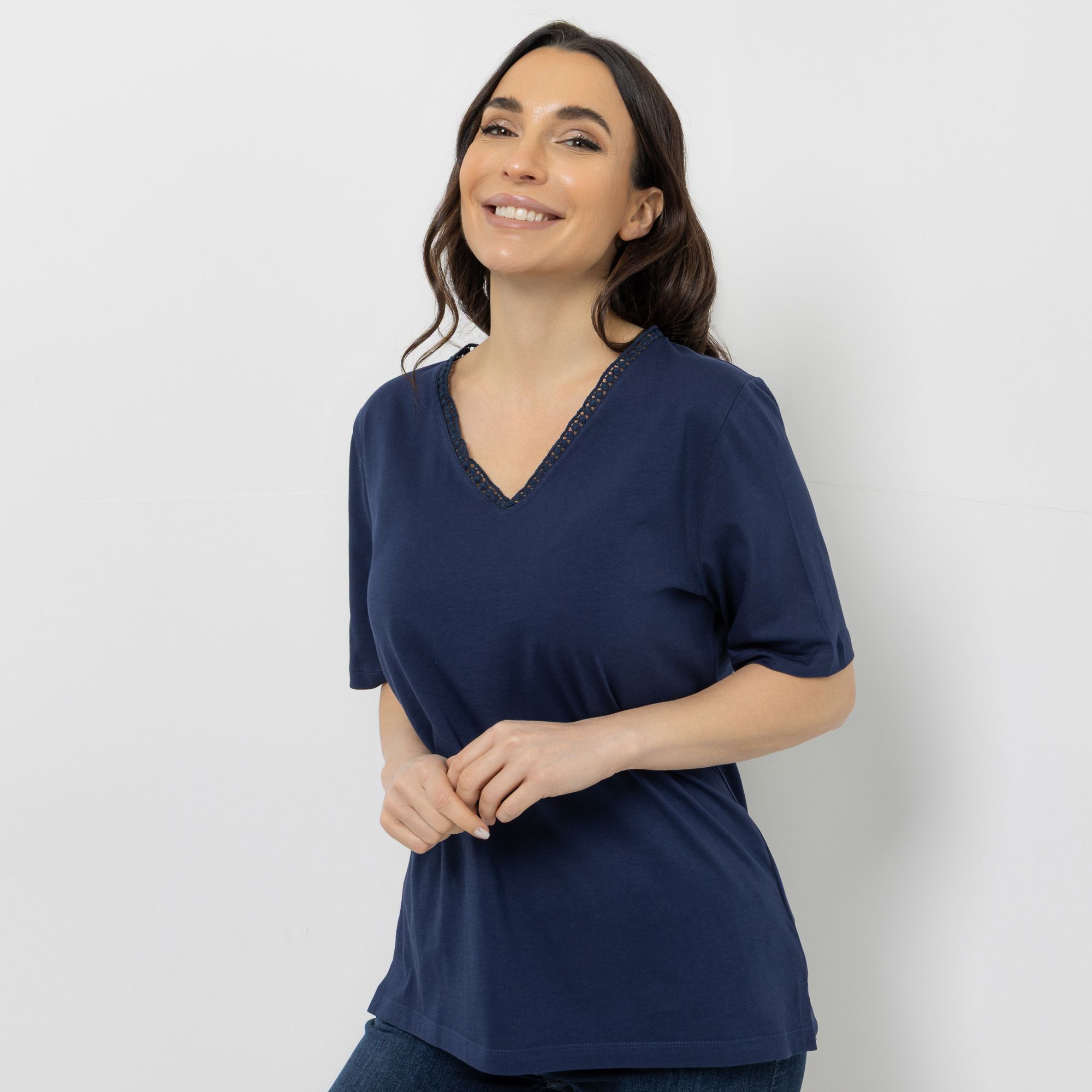 DENIM & CO. Shirt, 1/2-Arm V-Ausschnitt Zierband figurumspielend