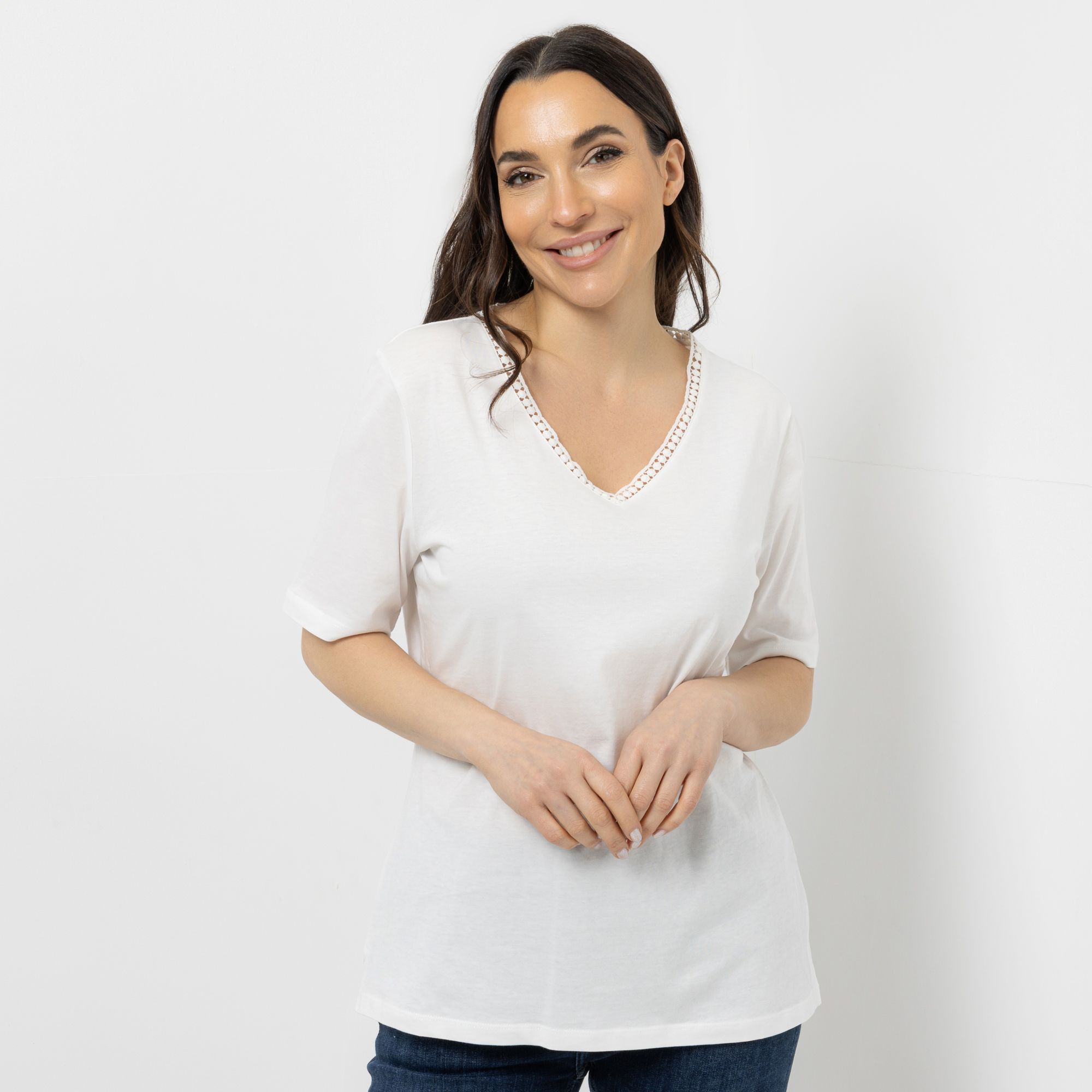 DENIM & CO. Shirt, 1/2-Arm V-Ausschnitt Zierband figurumspielend