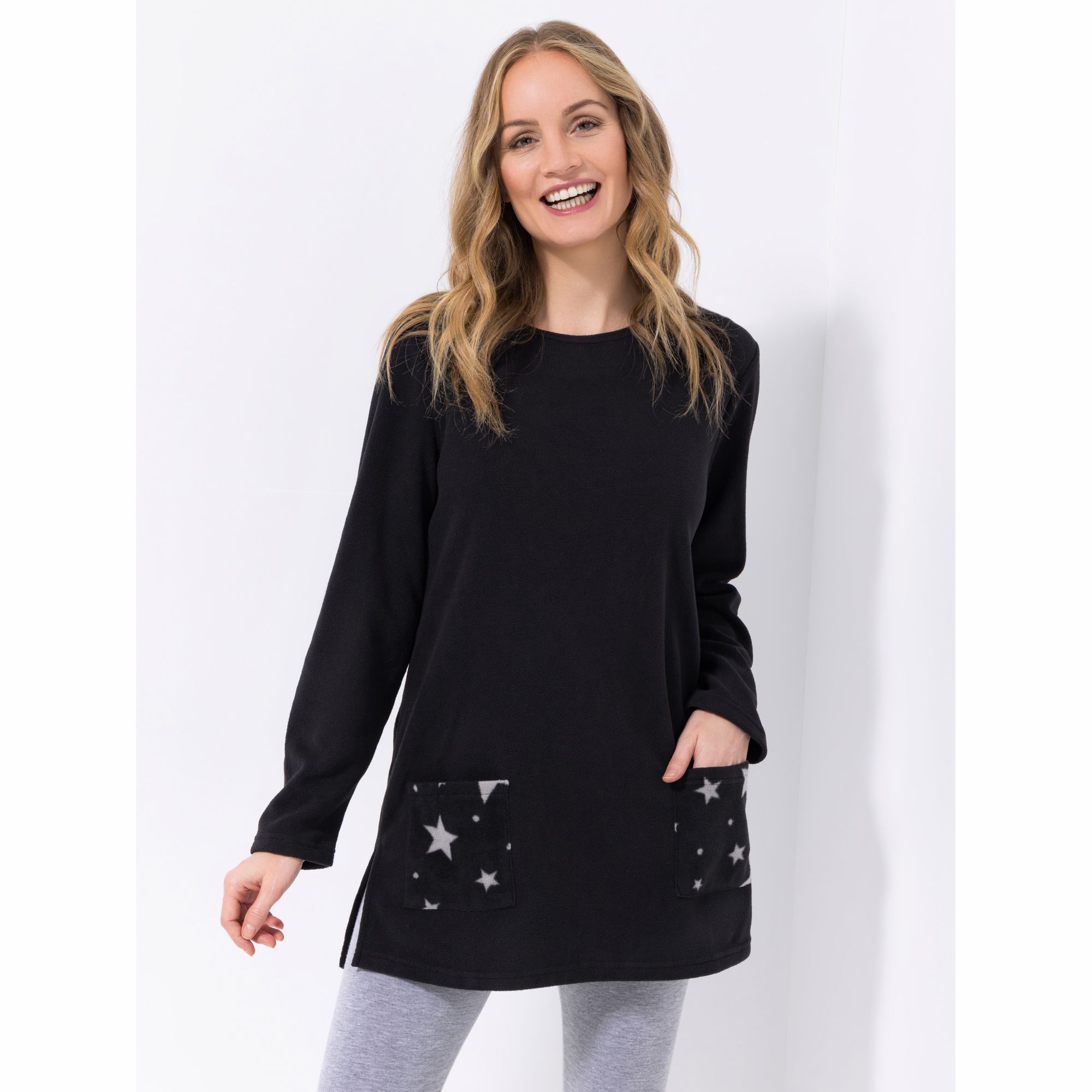 POLARSTERN HOMEWEAR Longshirt, 1/1-Arm Mikrofaser Fleece bedruckte Taschen Seitenschlitze