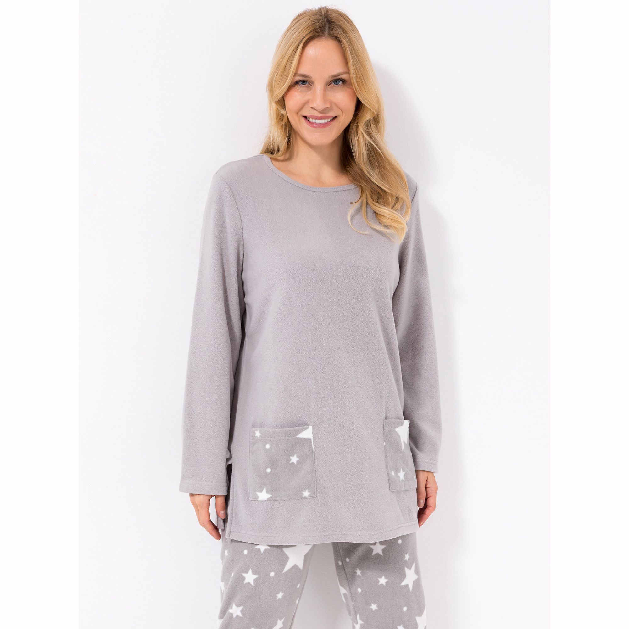 POLARSTERN HOMEWEAR Longshirt, 1/1-Arm Mikrofaser Fleece bedruckte Taschen Seitenschlitze