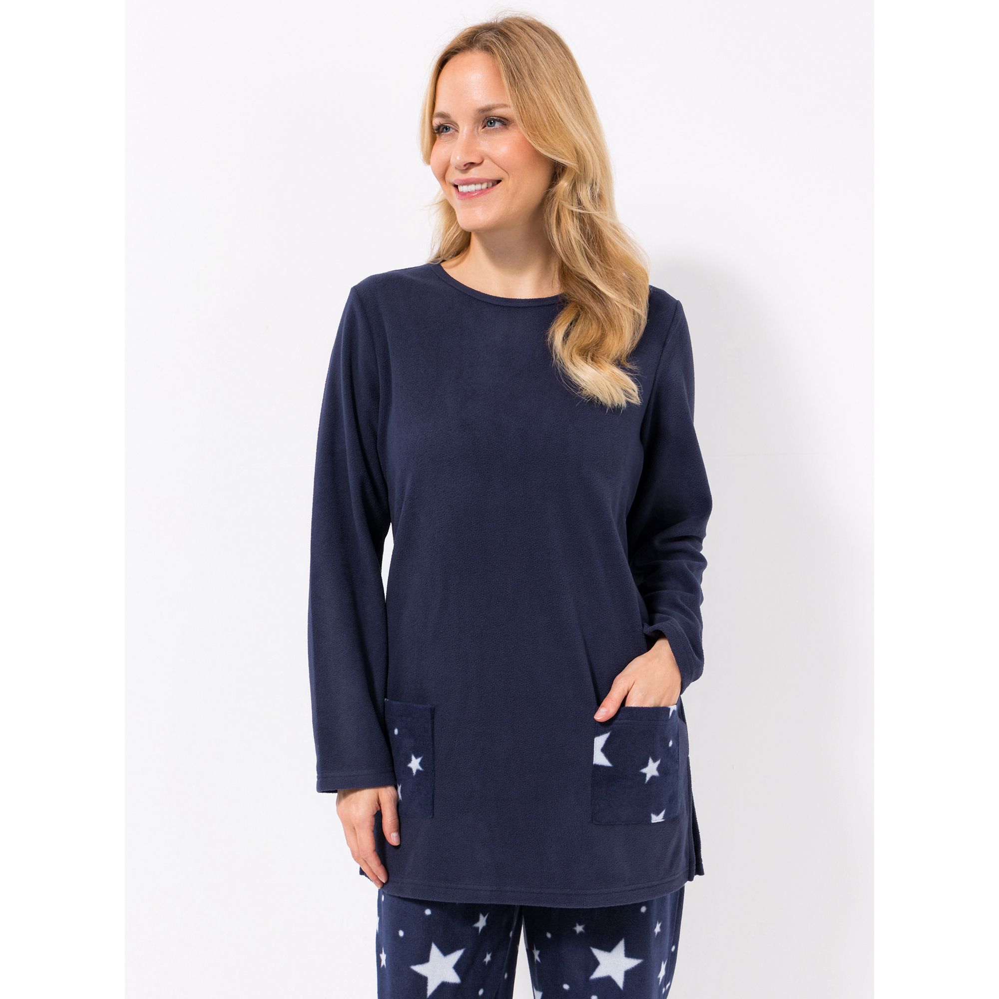 POLARSTERN HOMEWEAR Longshirt, 1/1-Arm Mikrofaser Fleece bedruckte Taschen Seitenschlitze