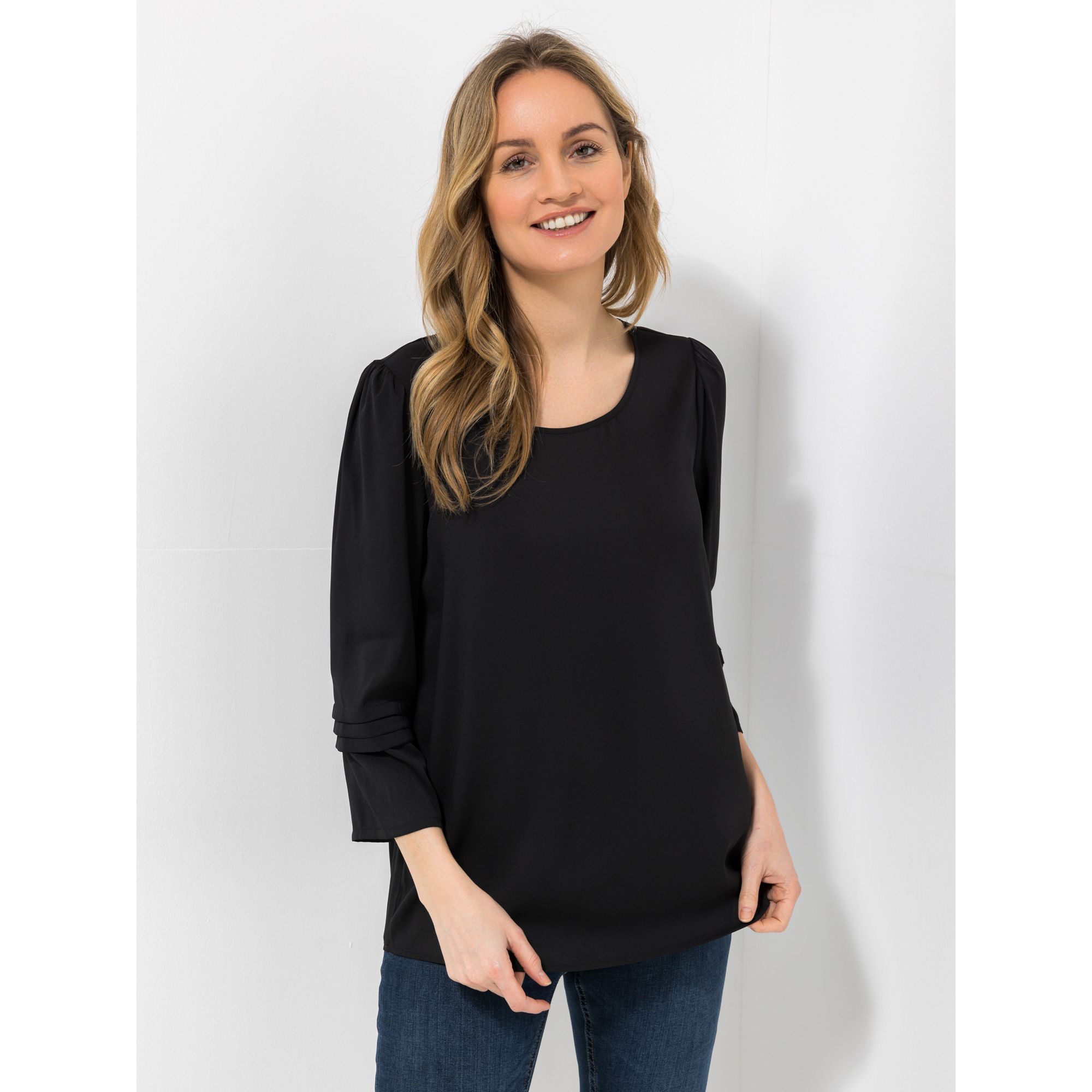 VIA MILANO Bluse, 7/8-Arm Rundhalsausschnitt Faltendetails figurumspielend